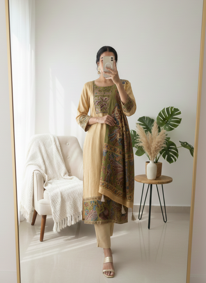 Vinyasa Pure Russian Silk Printed Beige 3-Piece Set (Devri – D.No 2030)