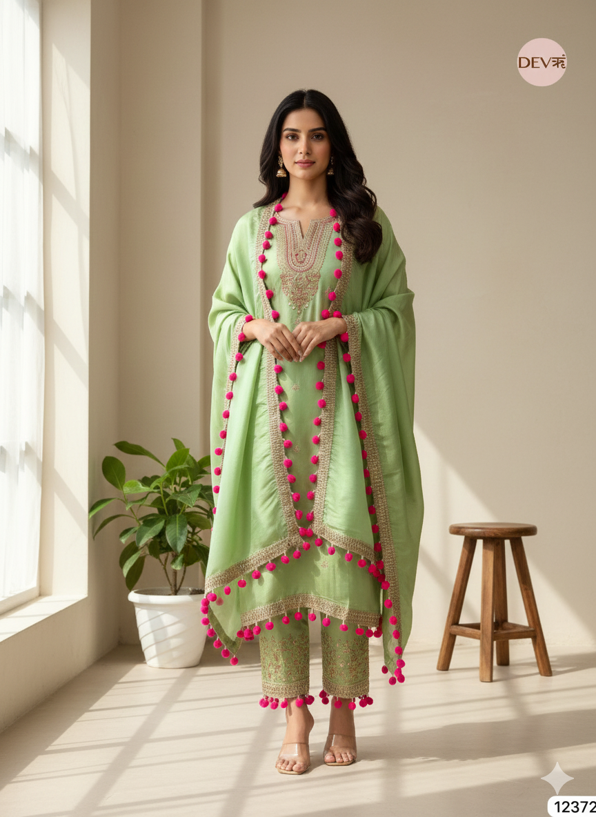 Mint Green Shimmer Silk Embellished Unstitched 3-Piece Suit (Devri – D.No 12372)