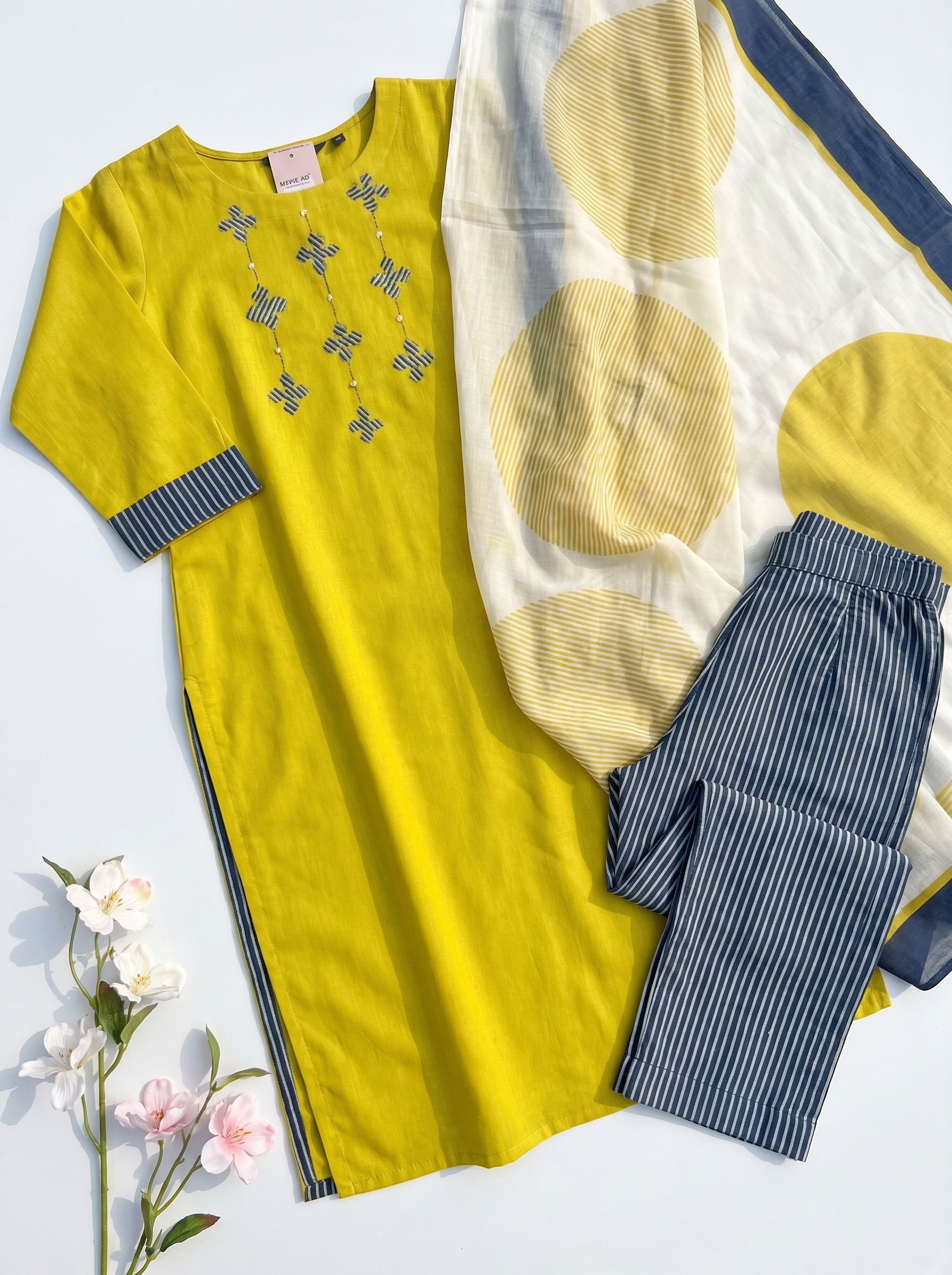 Ruhani Pure Cotton Embroidered Yellow 3-Piece Set (Devri – D.No 13173)