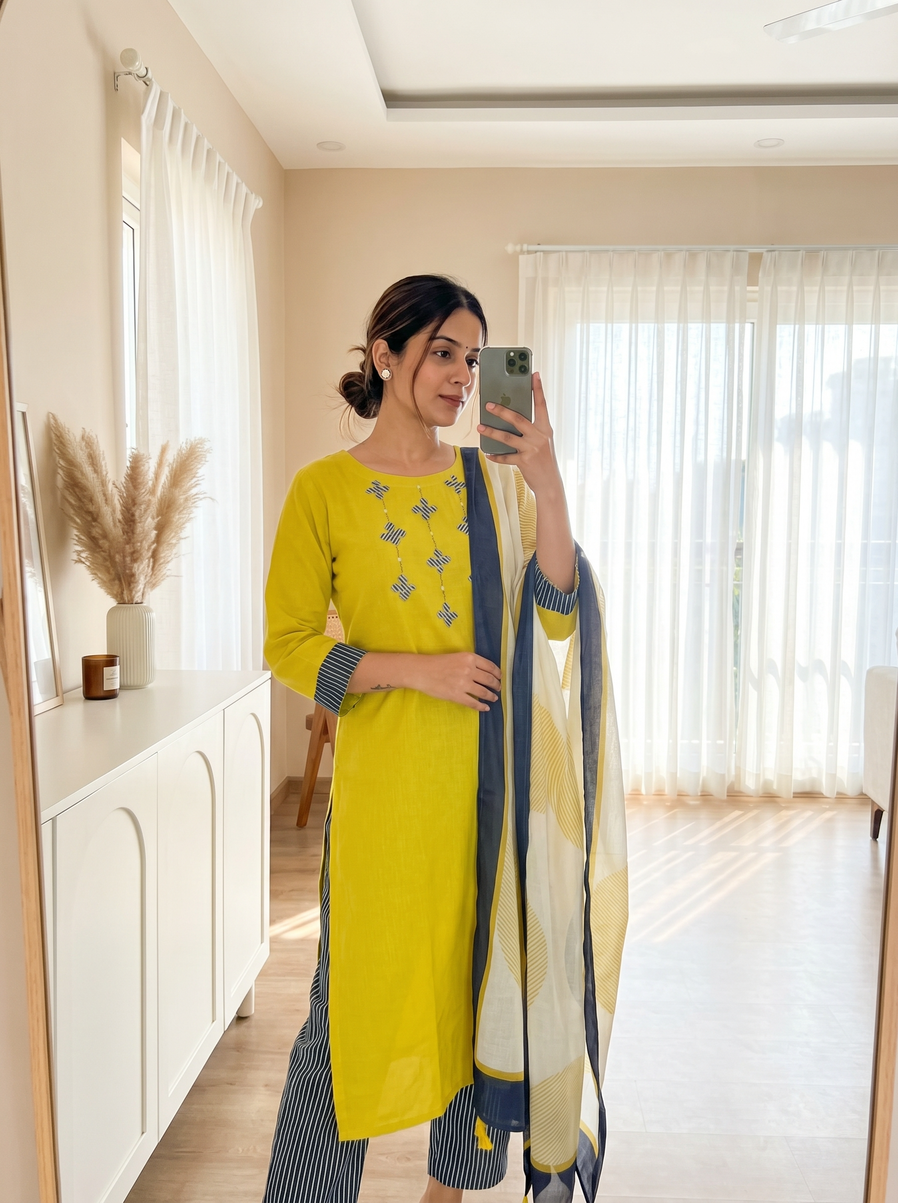 Ruhani Pure Cotton Embroidered Yellow 3-Piece Set (Devri – D.No 13173)