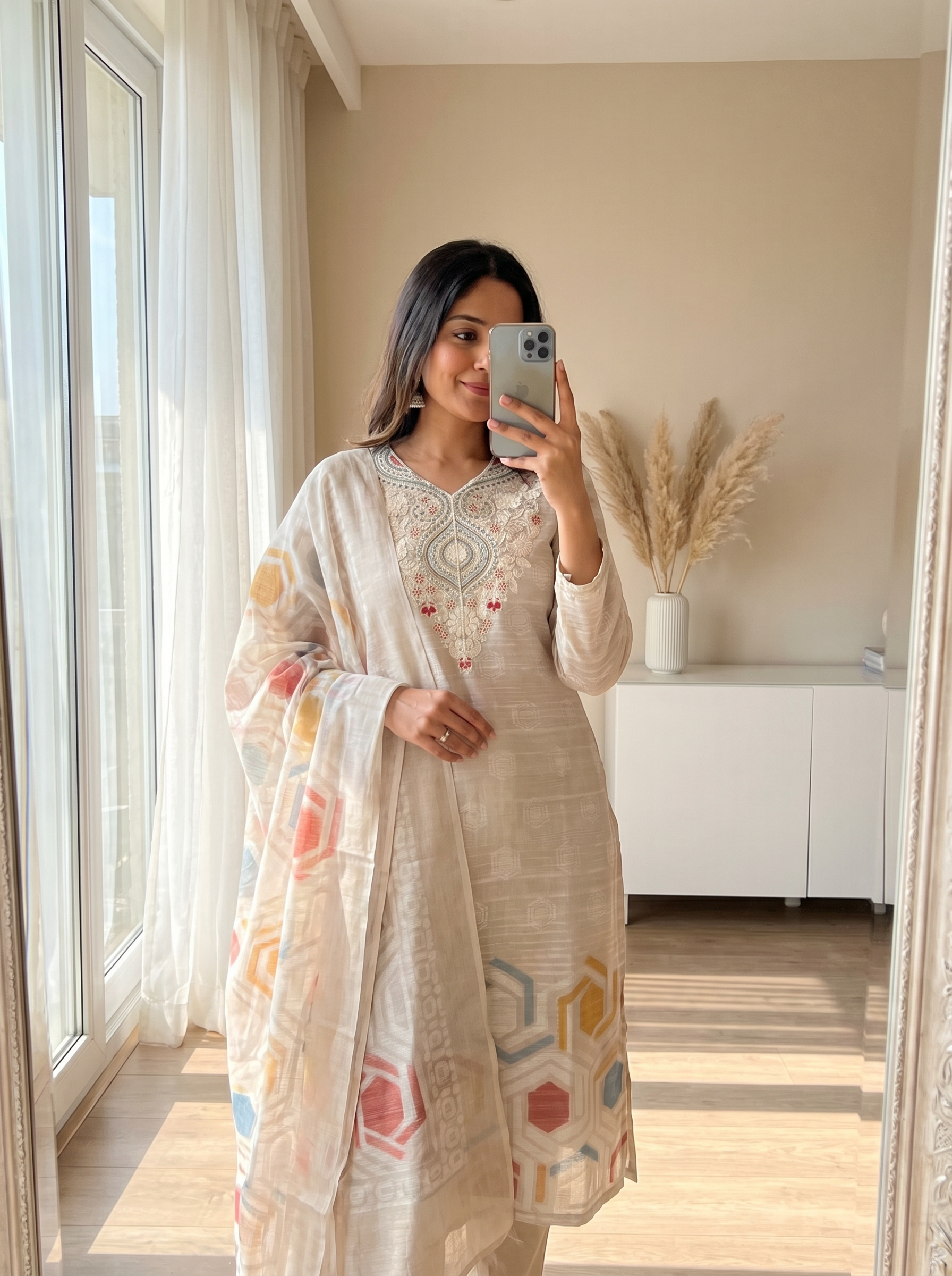 Beige Jamdani Cotton Embroidered Unstitched 3-Piece Suit (Devri – D.No 12918)