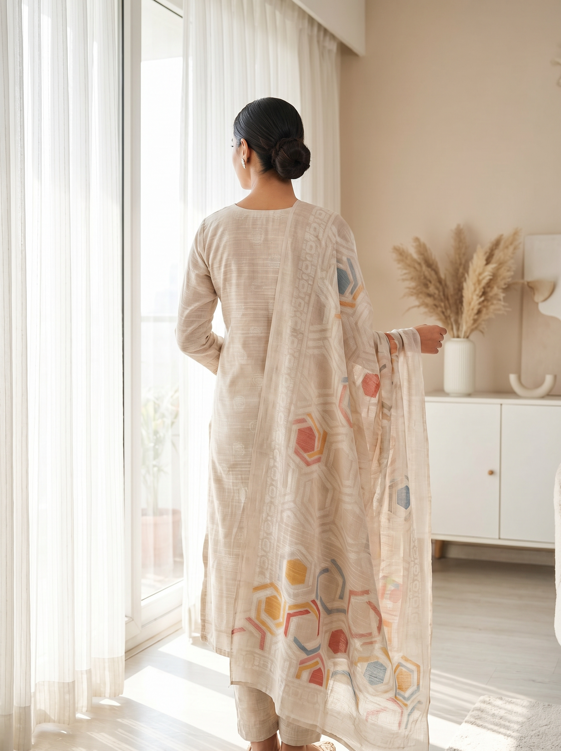 Beige Jamdani Cotton Embroidered Unstitched 3-Piece Suit (Devri – D.No 12918)