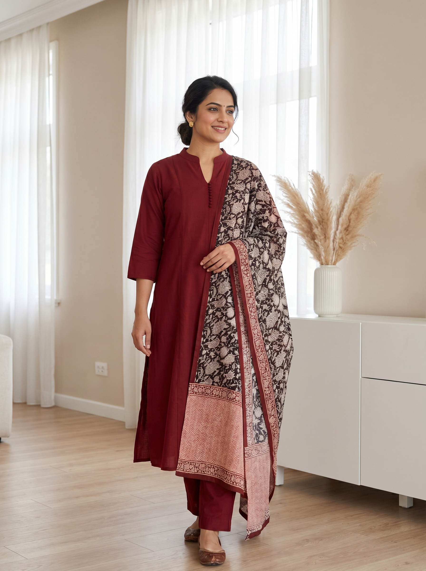 Gulnaar Pure Cotton Printed Maroon 3-Piece Set (Devri – D.No 13216)
