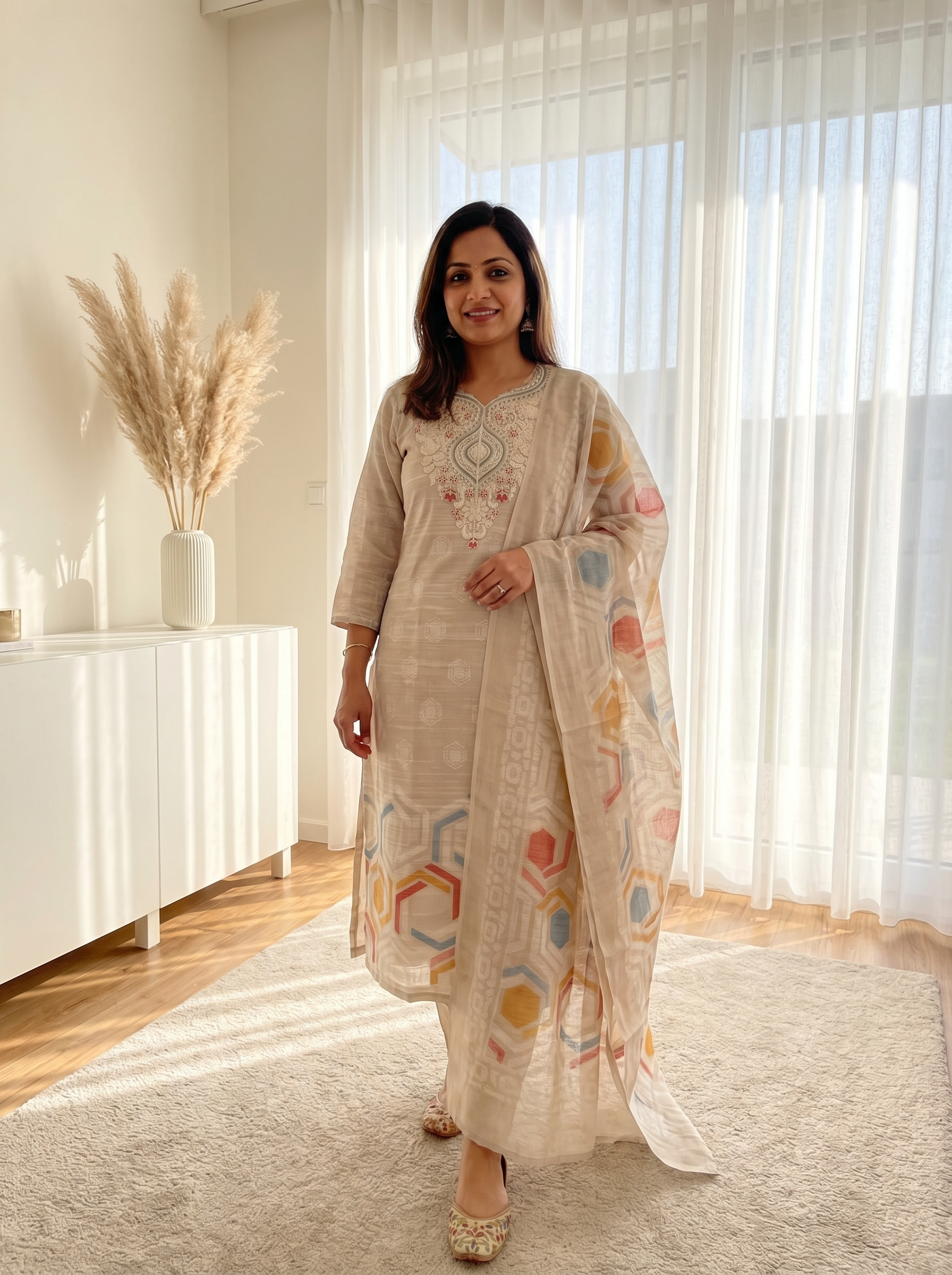 Beige Jamdani Cotton Embroidered Unstitched 3-Piece Suit (Devri – D.No 12918)
