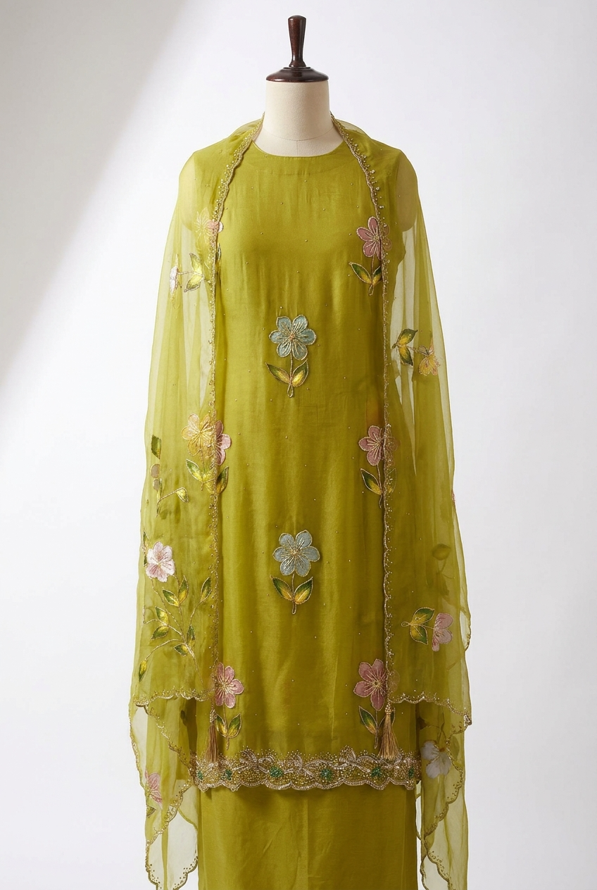 Olive viscose organza Embroidered Unstitched 3-Piece Suit (Devri – D.No 13441)