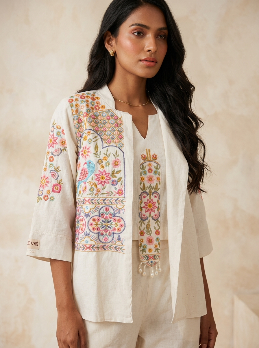 Dharini Cotton Embroidered Ivory 3-Piece Co-ord Set (Devri – D.No 21000)