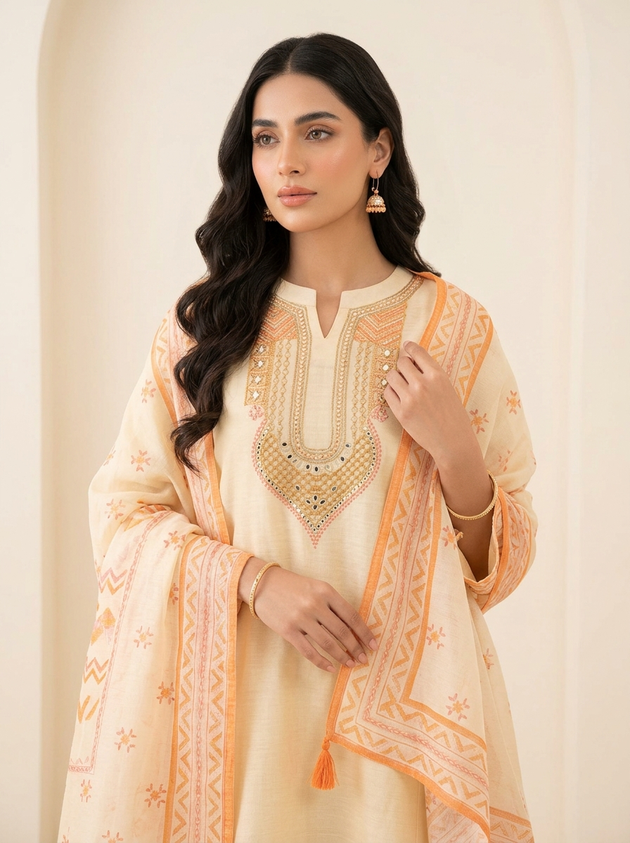 Vasanti Cotton Embroidered Cream 3-Piece Set (Devri – D.No 21034)