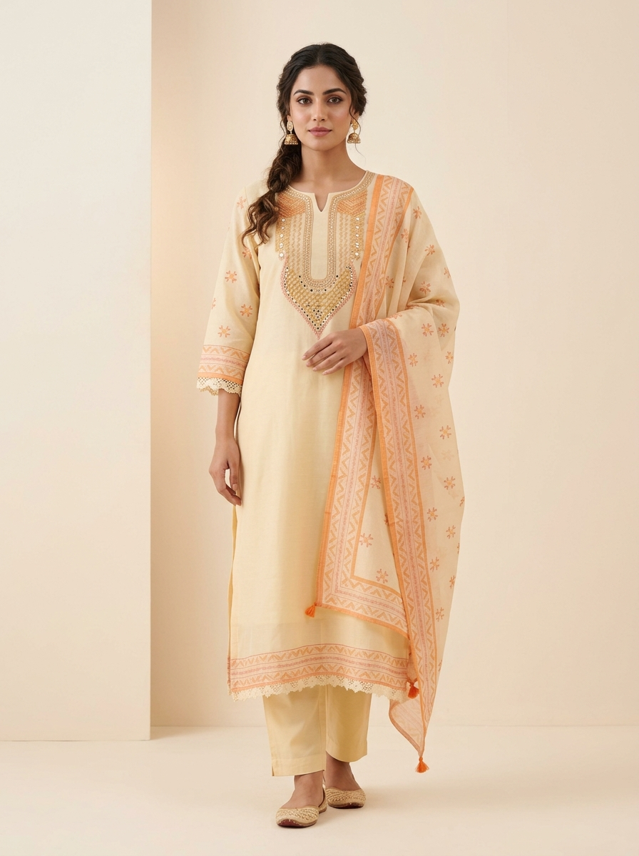 Vasanti Cotton Embroidered Cream 3-Piece Set (Devri – D.No 21034)