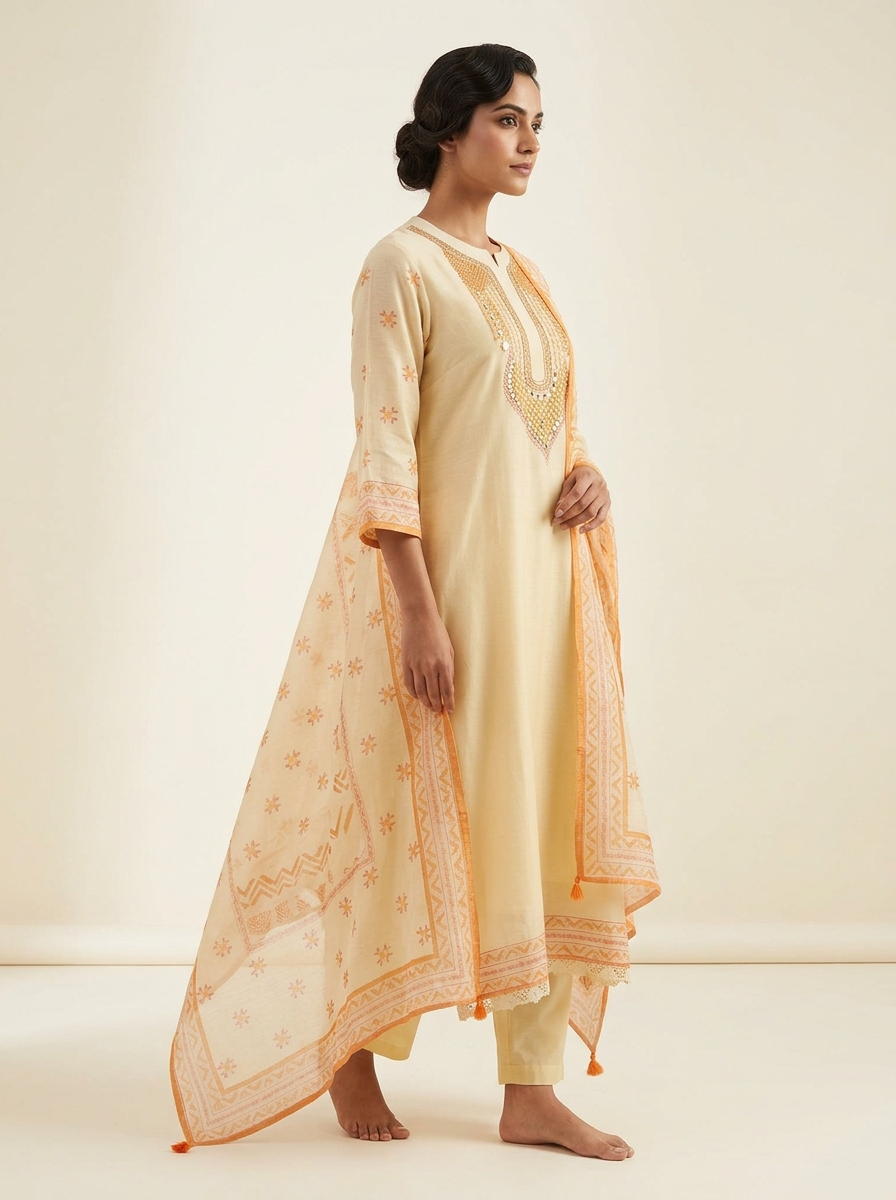 Vasanti Cotton Embroidered Cream 3-Piece Set (Devri – D.No 21034)
