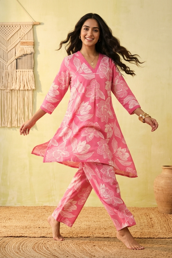 Zoya Cotton Printed Fuchsia pink White 2-Piece Set (Devri – D.No 20085)