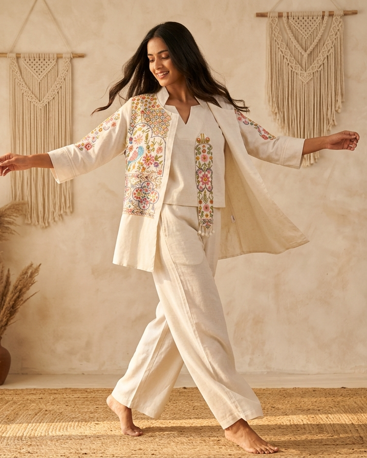 Dharini Cotton Embroidered Ivory 3-Piece Co-ord Set (Devri – D.No 21000)