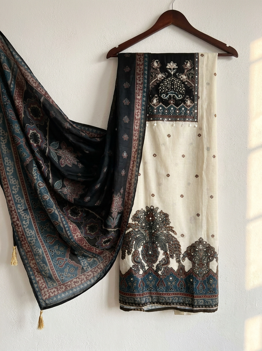 Cream Mul Cotton Printed Unstitched 3-Piece Suit (Devri – D.No 13332)