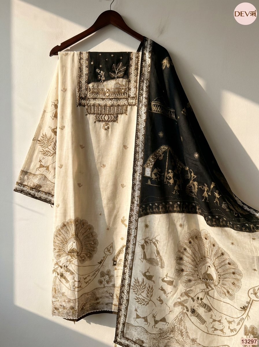 Cream Mul Cotton Printed Unstitched 3-Piece Suit (Devri – D.No 13297)