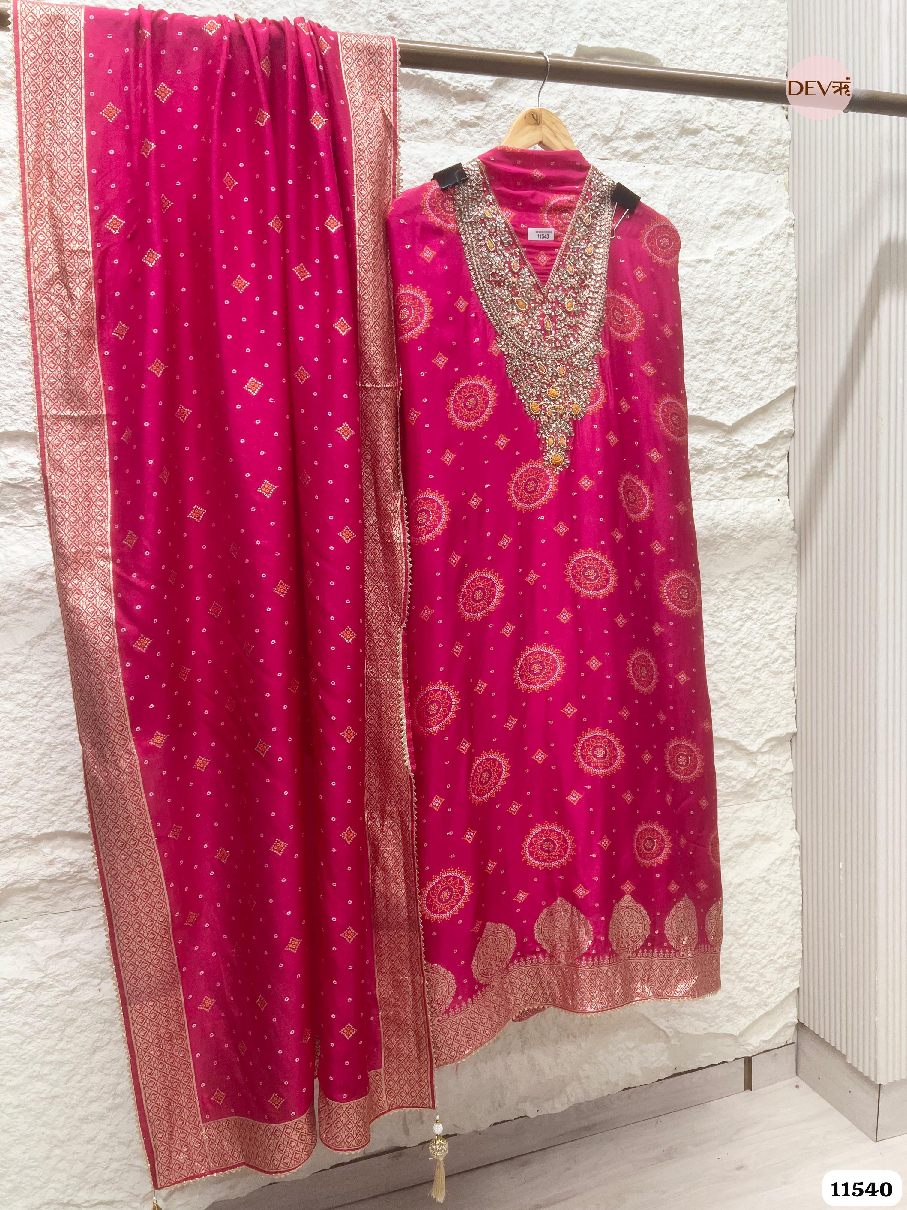 Pink Pure Russian Silk Banarasi Woven Unstitched Hand Embroidered -Set Of 3 {11540}