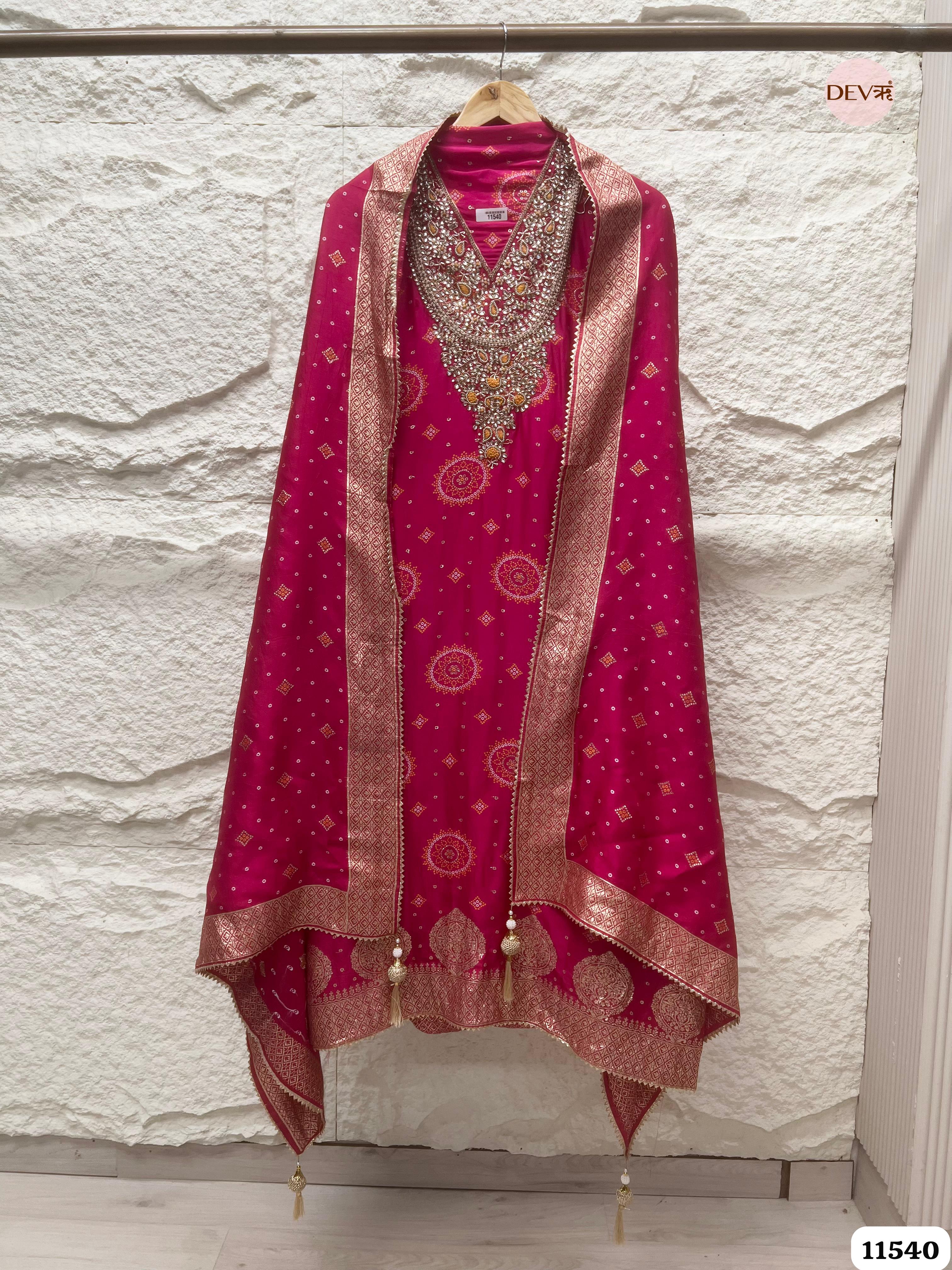 Pink Pure Russian Silk Banarasi Woven Unstitched Hand Embroidered -Set Of 3 {11540}