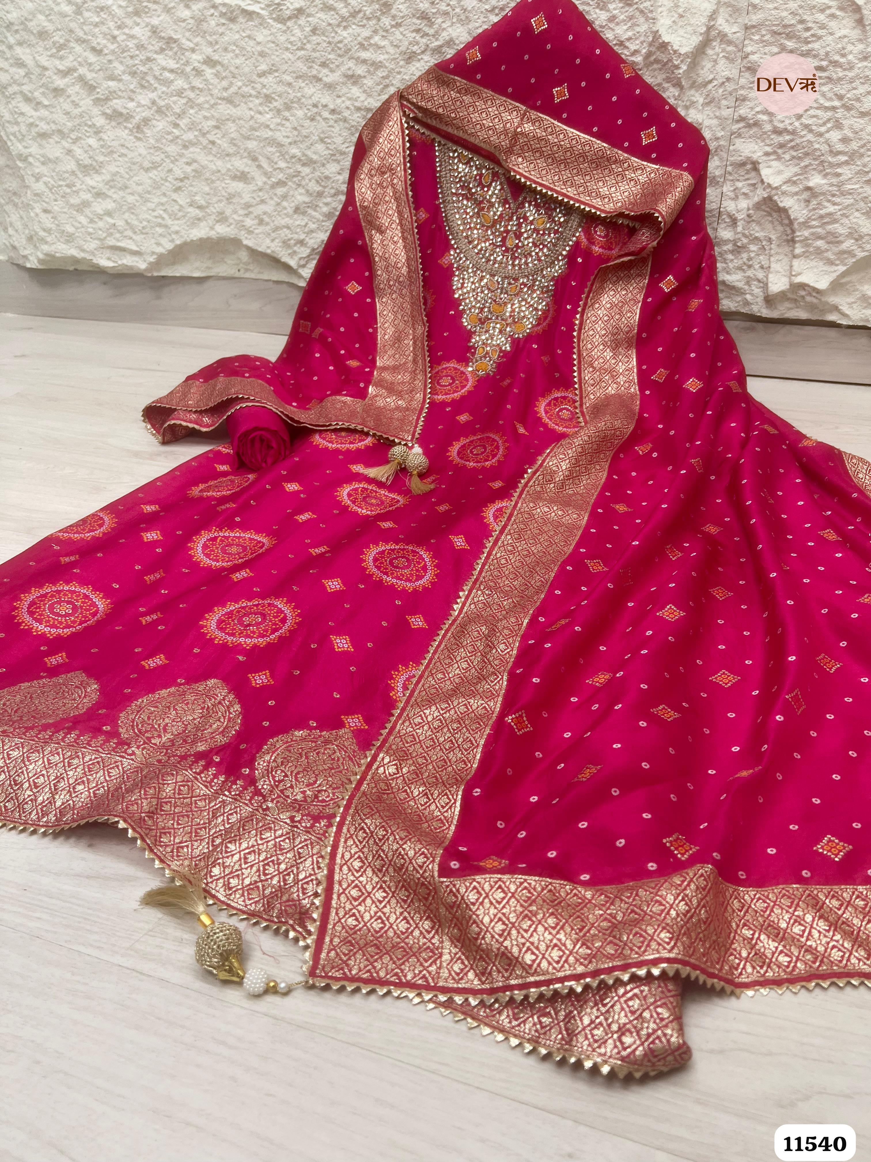 Pink Pure Russian Silk Banarasi Woven Unstitched Hand Embroidered -Set Of 3 {11540}