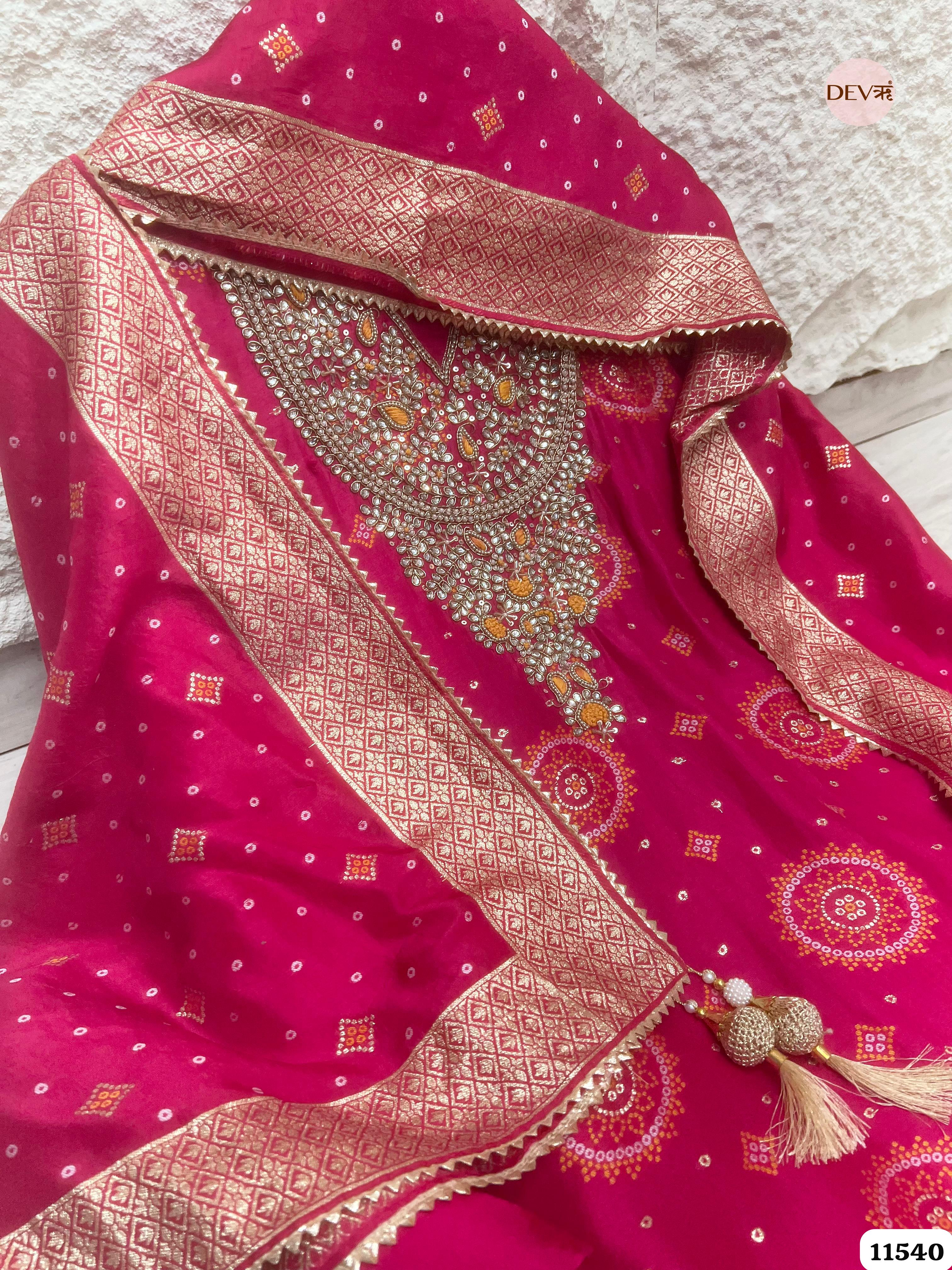 Pink Pure Russian Silk Banarasi Woven Unstitched Hand Embroidered -Set Of 3 {11540}