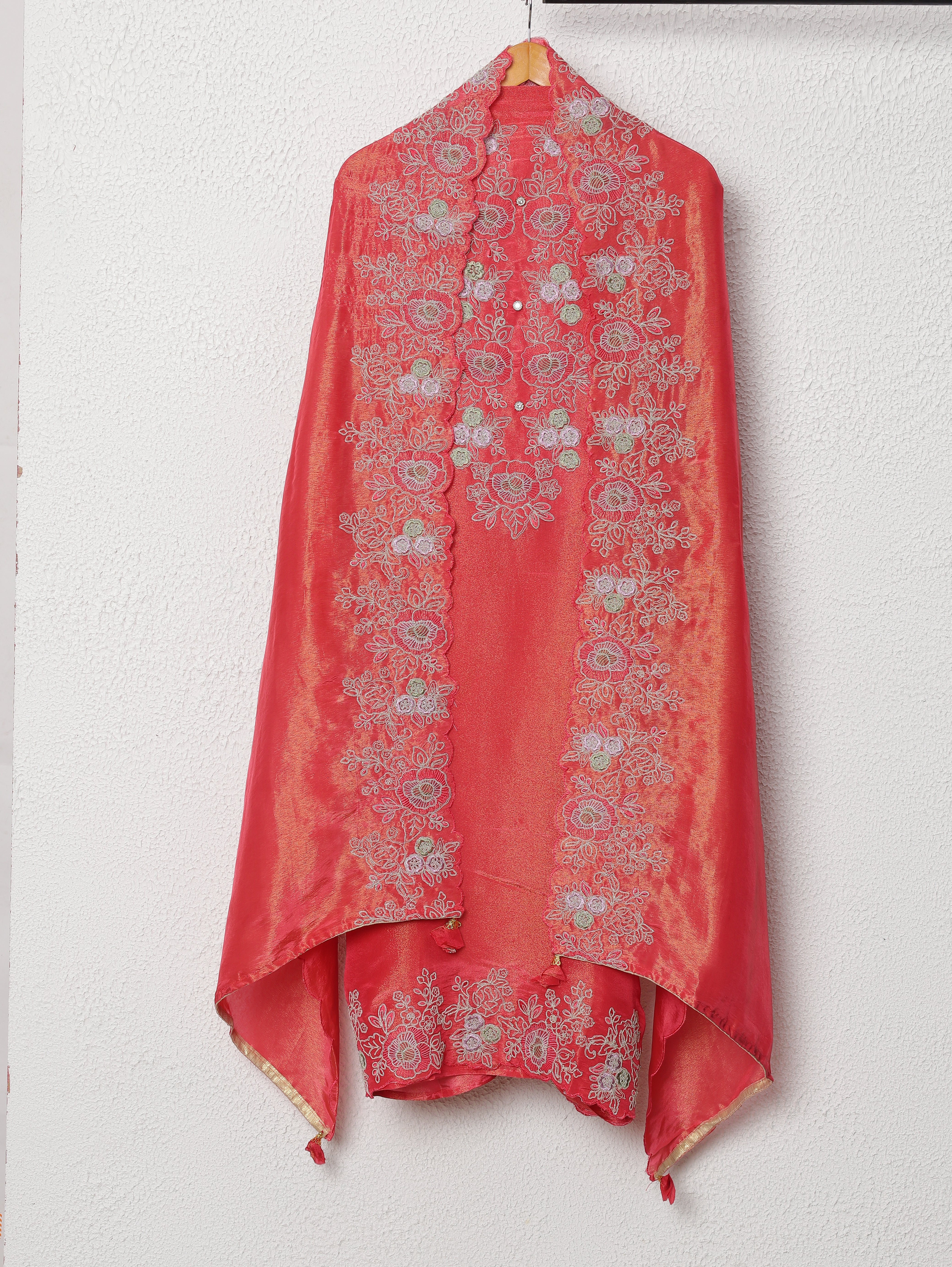 Coral Tissue Silk Embroidered Unstitched 3-Piece Suit (Devri – D.No 11692)