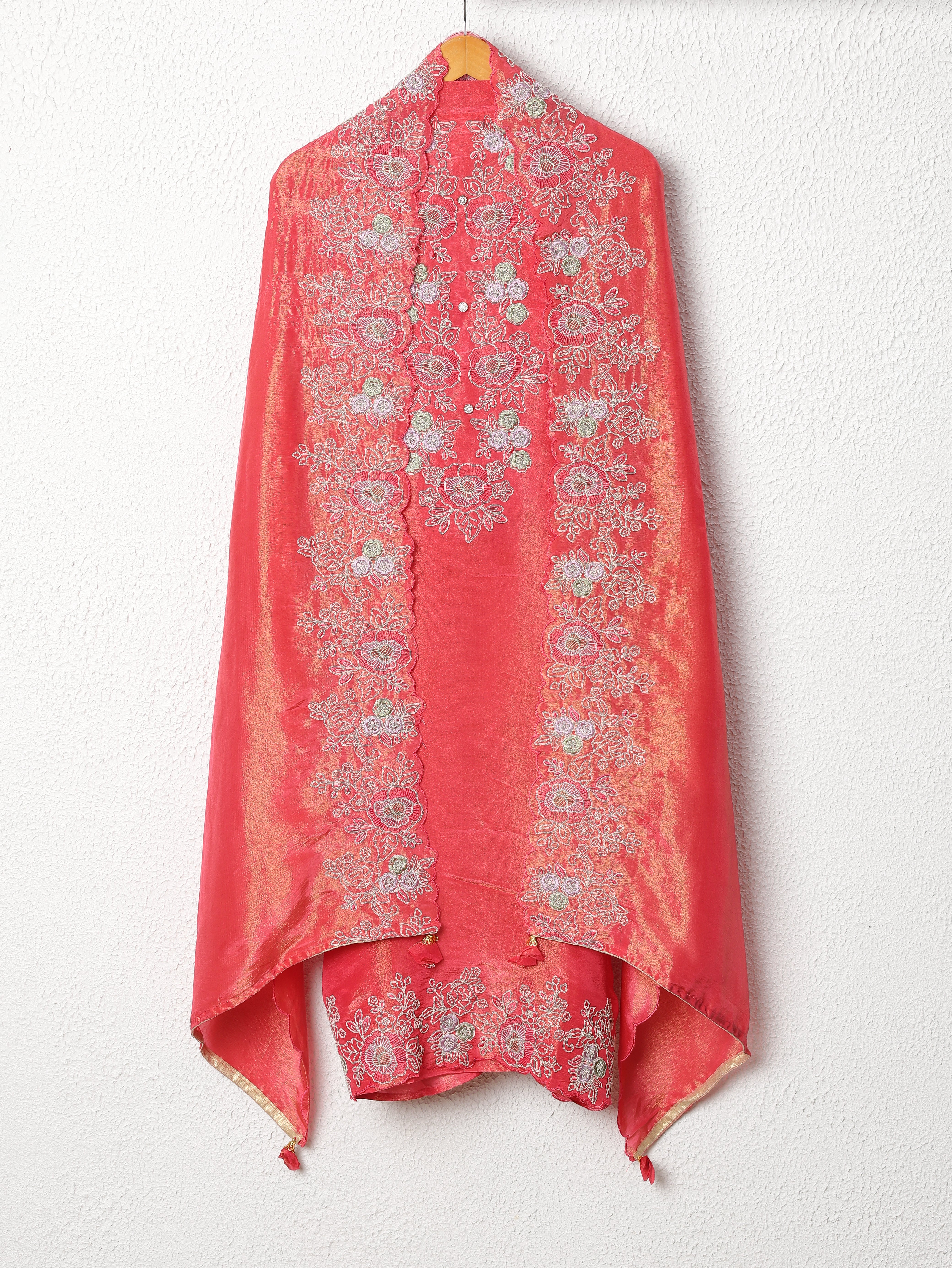 Coral Tissue Silk Embroidered Unstitched 3-Piece Suit (Devri – D.No 11692)