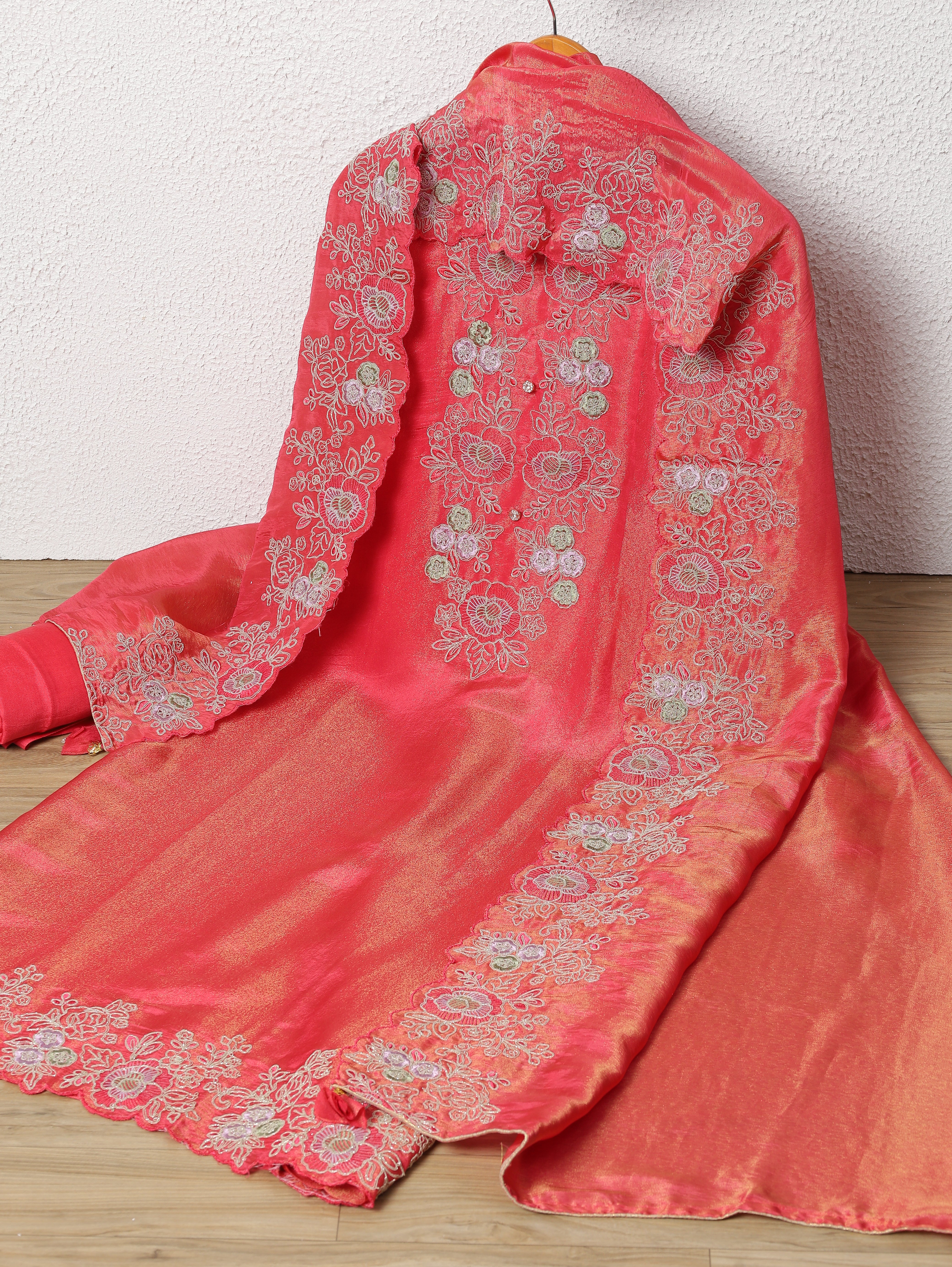 Coral Tissue Silk Embroidered Unstitched 3-Piece Suit (Devri – D.No 11692)