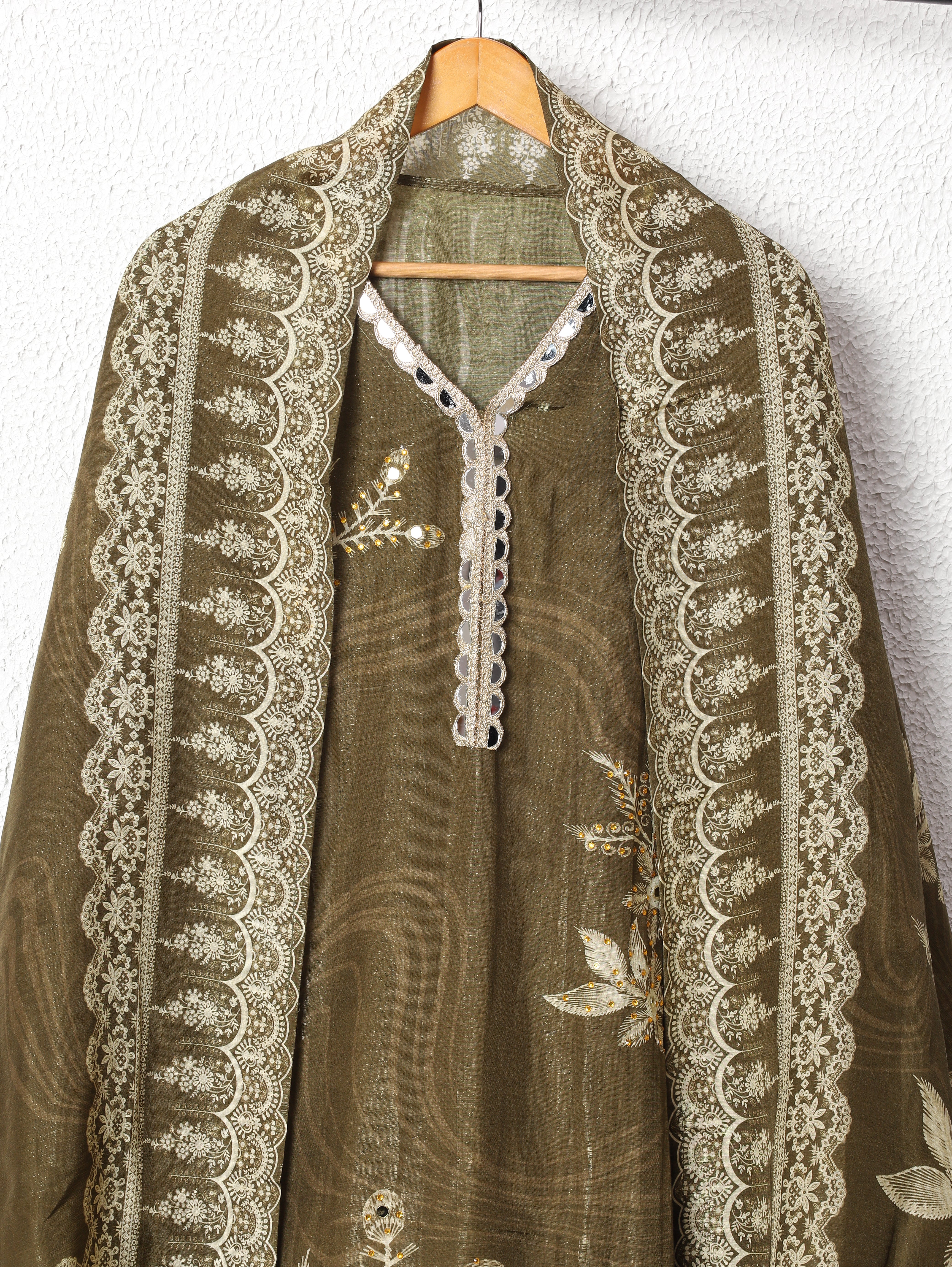 Olive Glass Organza Silk Embroidered Unstitched 3-Piece Suit (Devri – D.No 11728)