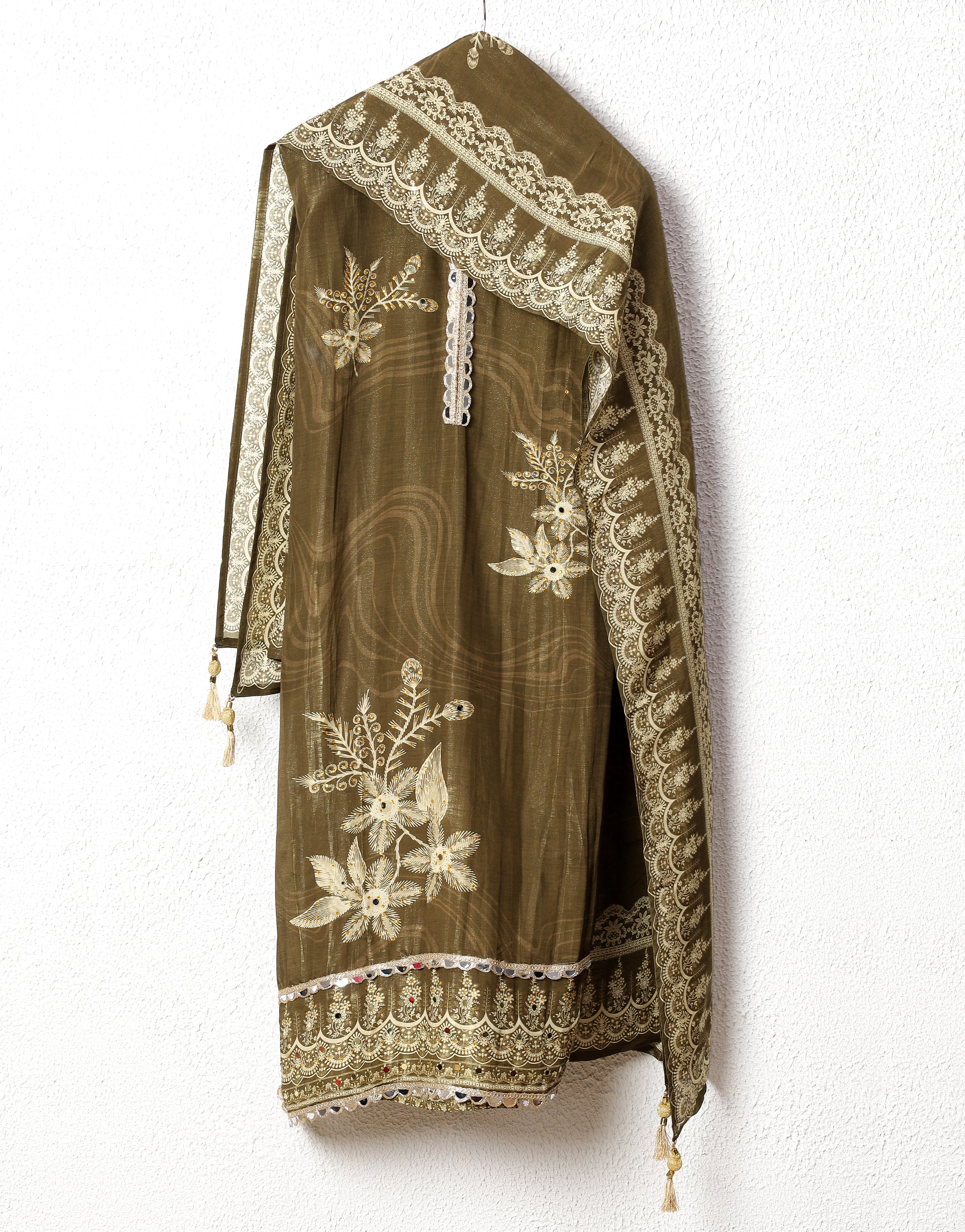 Olive Glass Organza Silk Embroidered Unstitched 3-Piece Suit (Devri – D.No 11728)