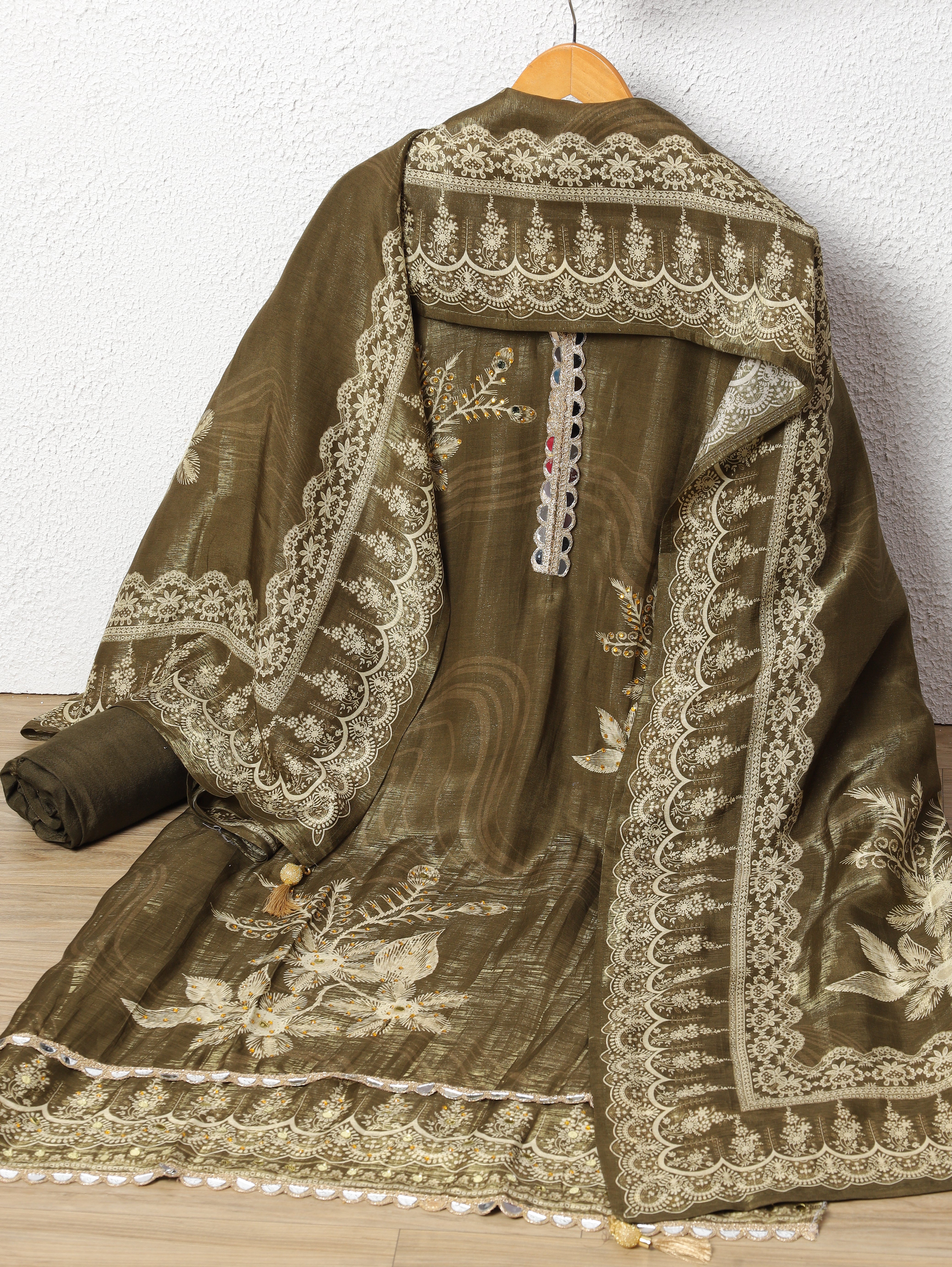 Olive Glass Organza Silk Embroidered Unstitched 3-Piece Suit (Devri – D.No 11728)