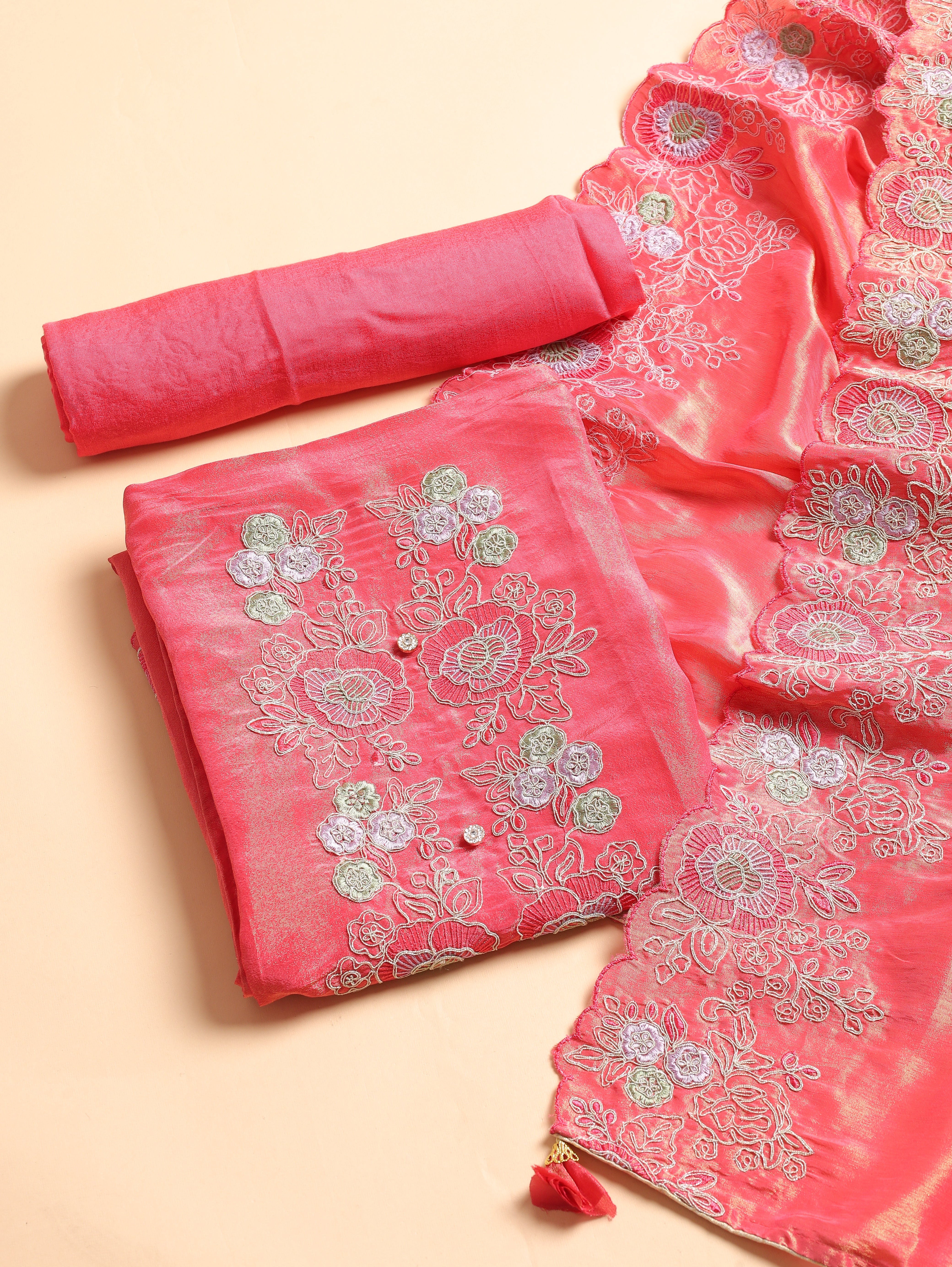 Coral Tissue Silk Embroidered Unstitched 3-Piece Suit (Devri – D.No 11692)