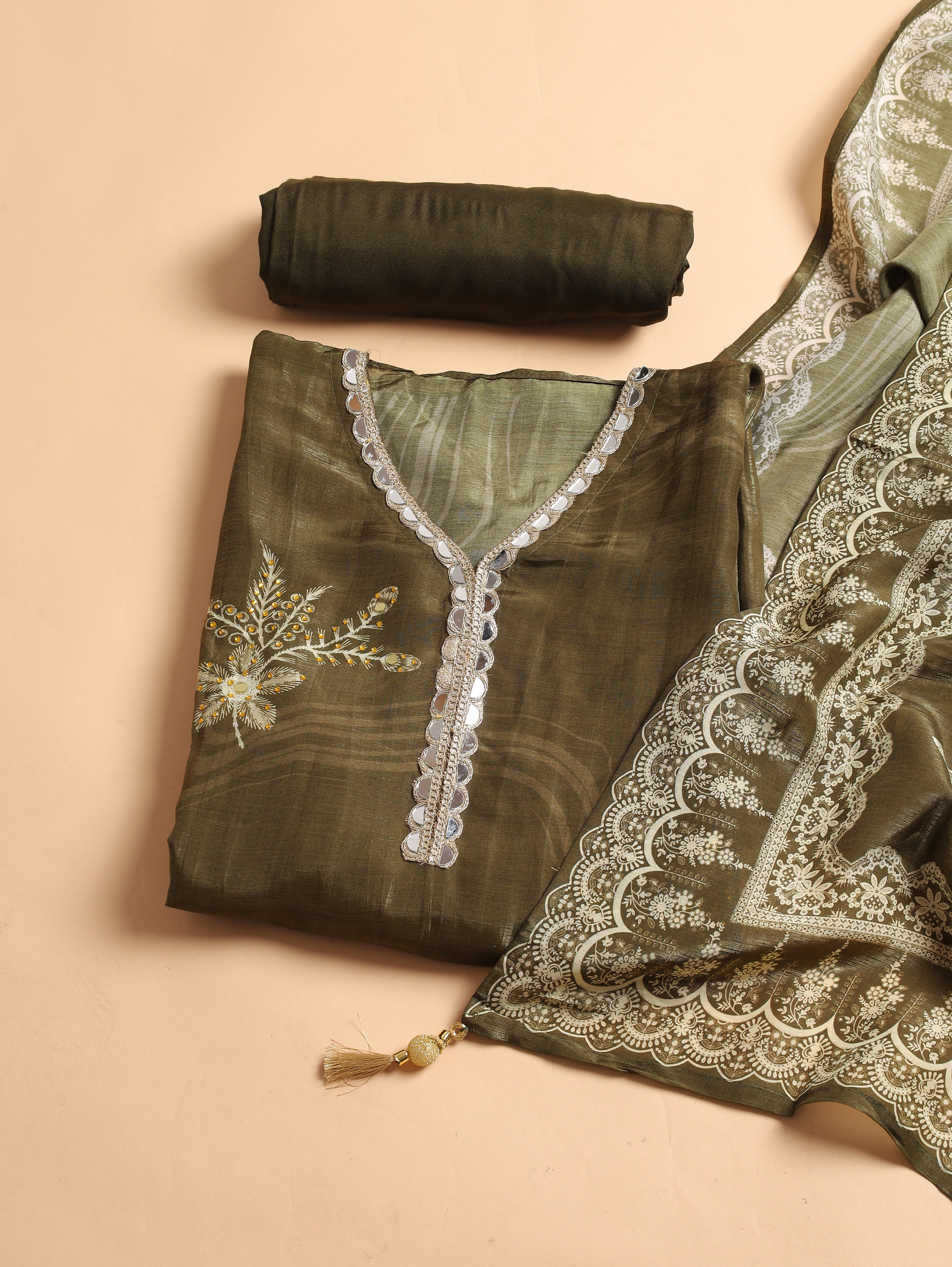 Olive Glass Organza Silk Embroidered Unstitched 3-Piece Suit (Devri – D.No 11728)