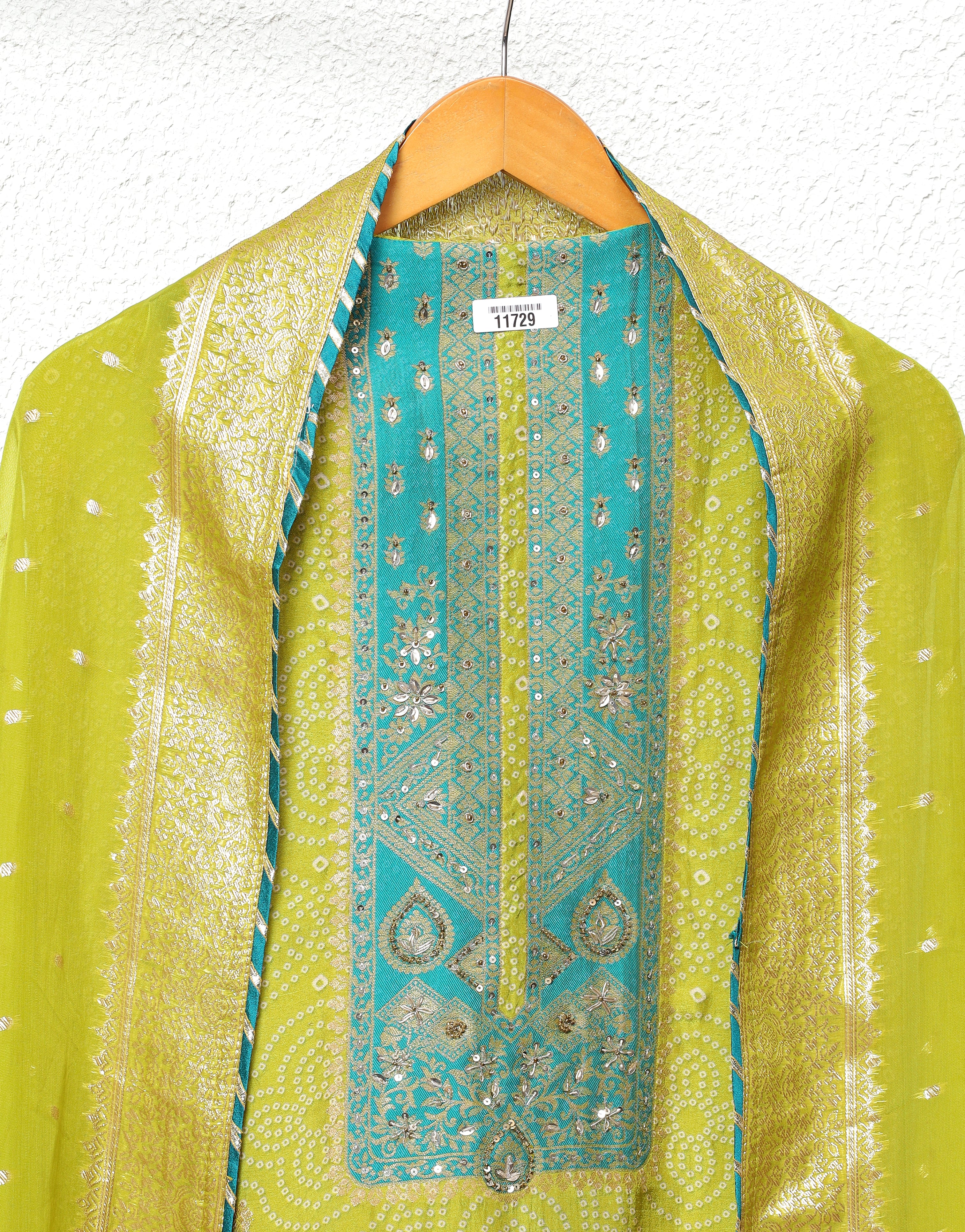 Lime Shimmer Tissue Silk Embroidered Unstitched 3-Piece Suit (Devri – D.No 11729)
