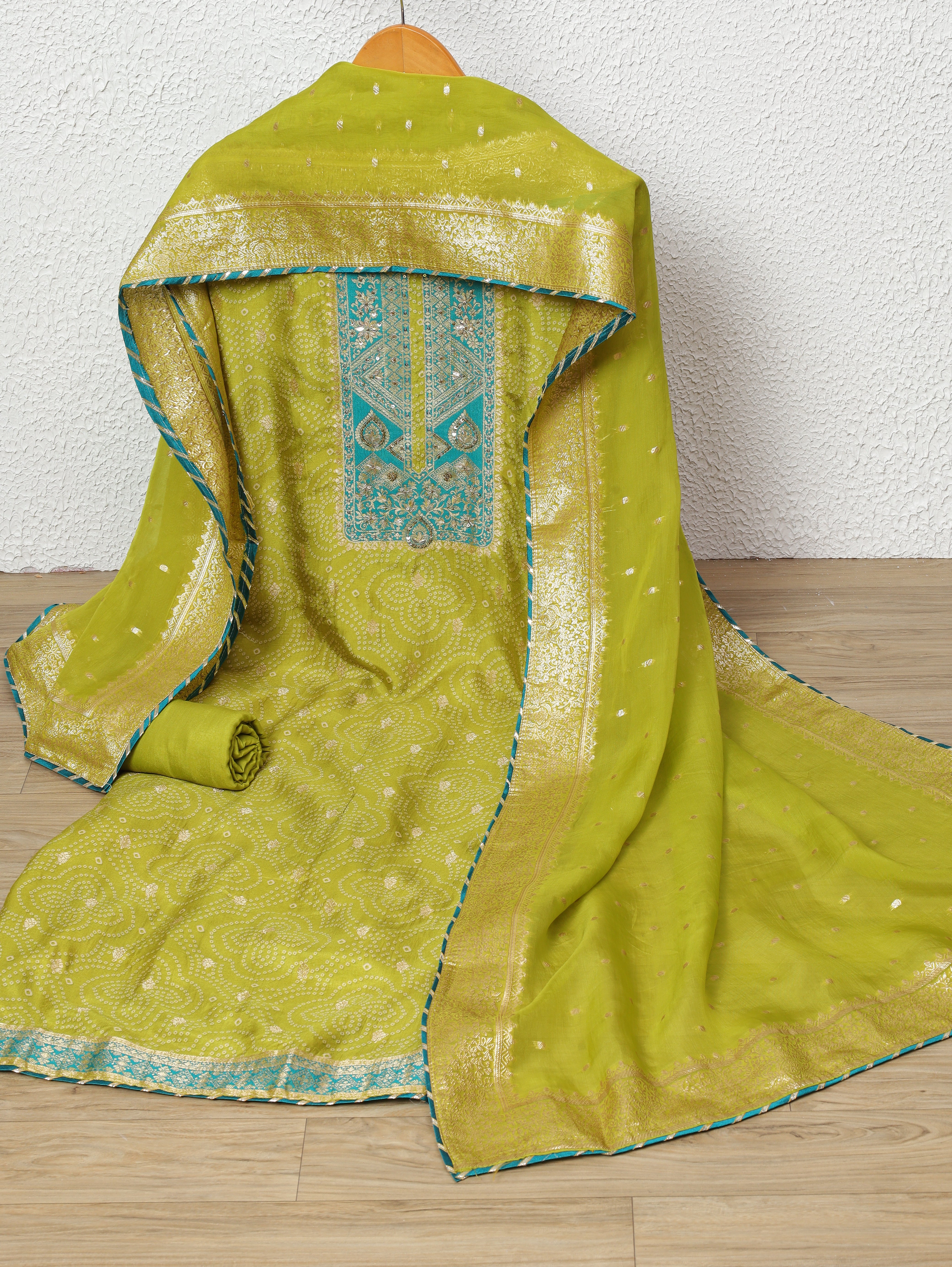 Lime Shimmer Tissue Silk Embroidered Unstitched 3-Piece Suit (Devri – D.No 11729)