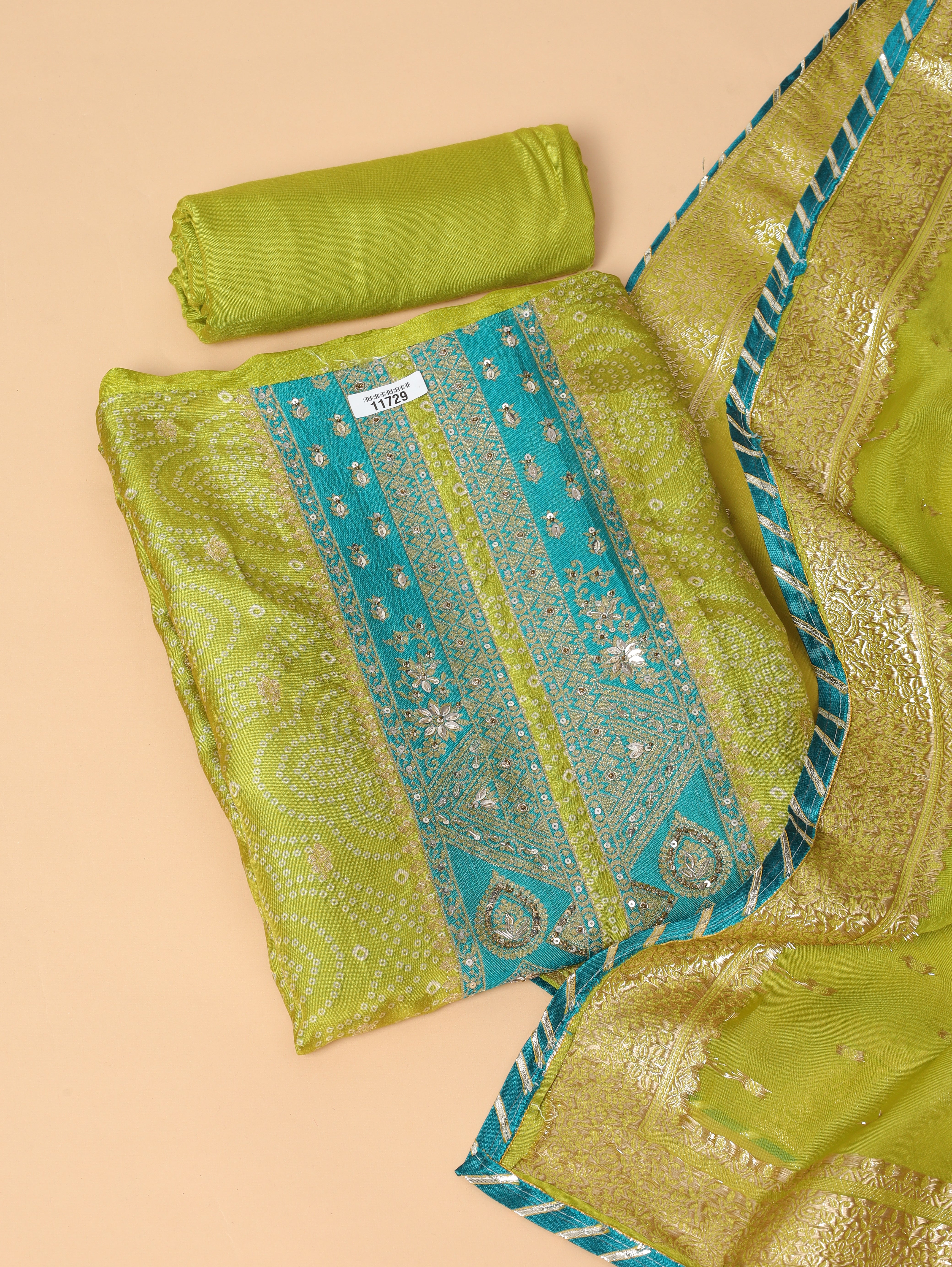 Lime Shimmer Tissue Silk Embroidered Unstitched 3-Piece Suit (Devri – D.No 11729)