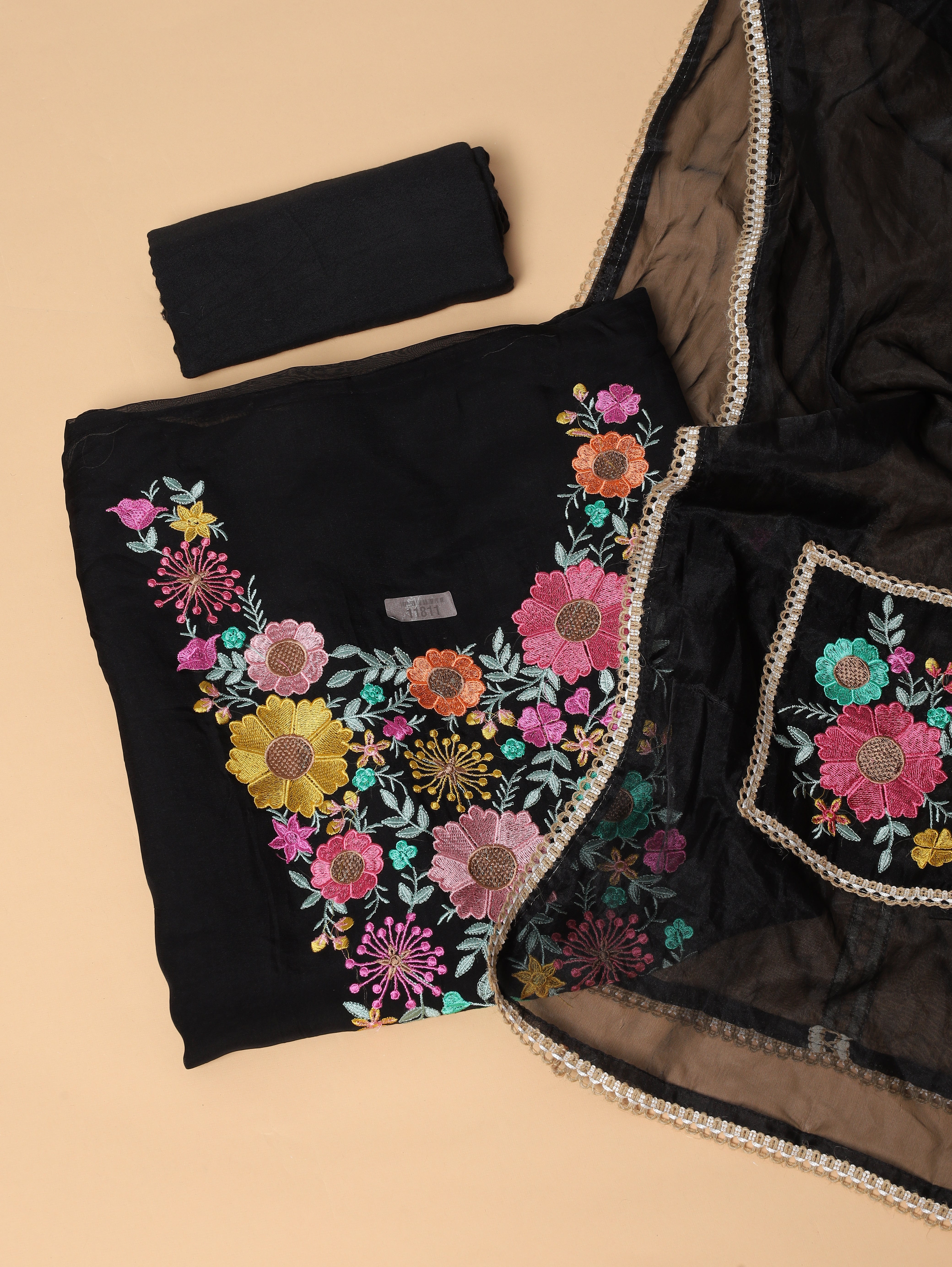 Black Organza Embroidered Unstitched 3-Piece Suit (Devri – D.No 11811)