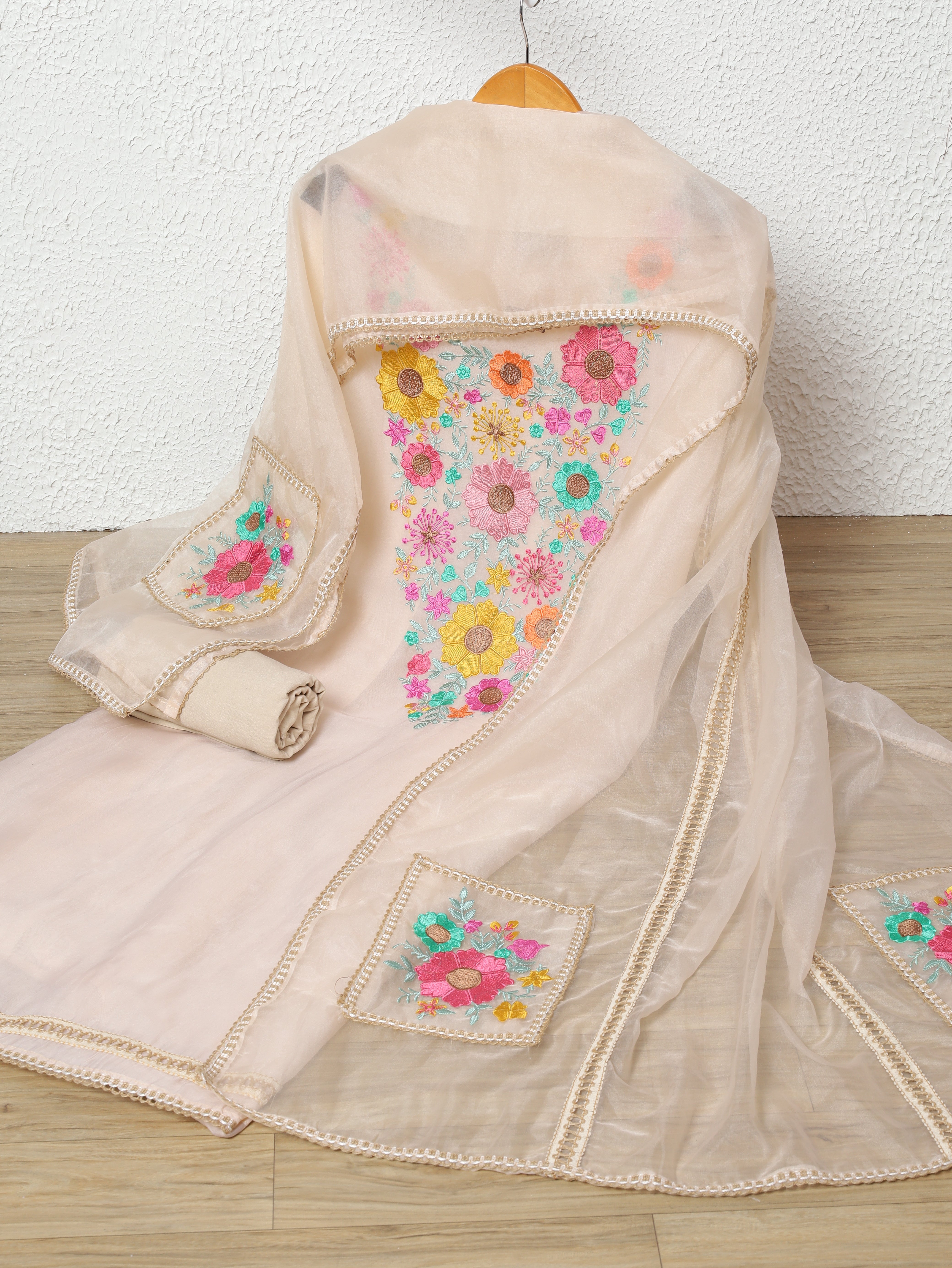 Ivory Organza Embroidered Unstitched 3-Piece Suit (Devri – D.No 11812)