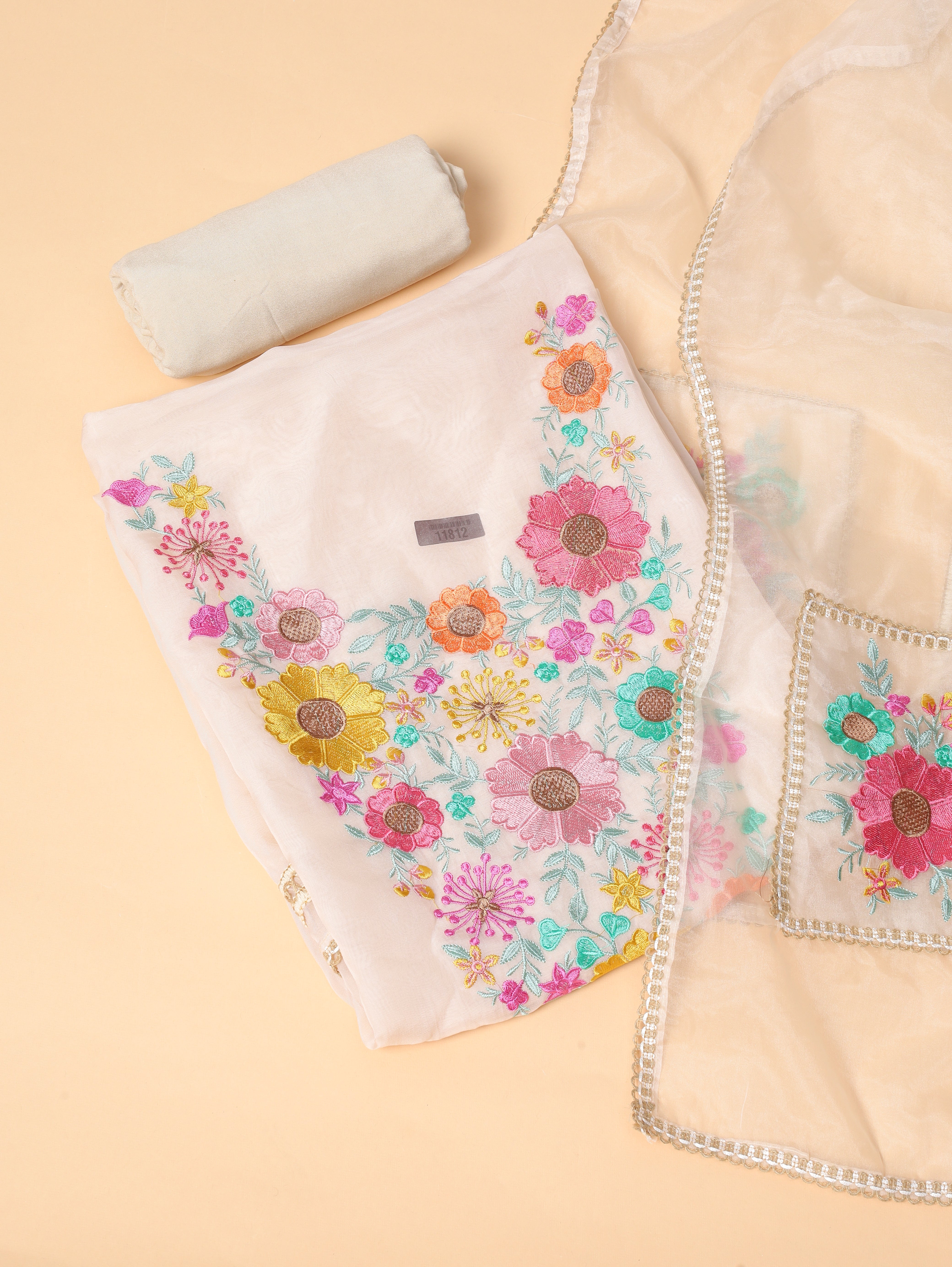 Ivory Organza Embroidered Unstitched 3-Piece Suit (Devri – D.No 11812)