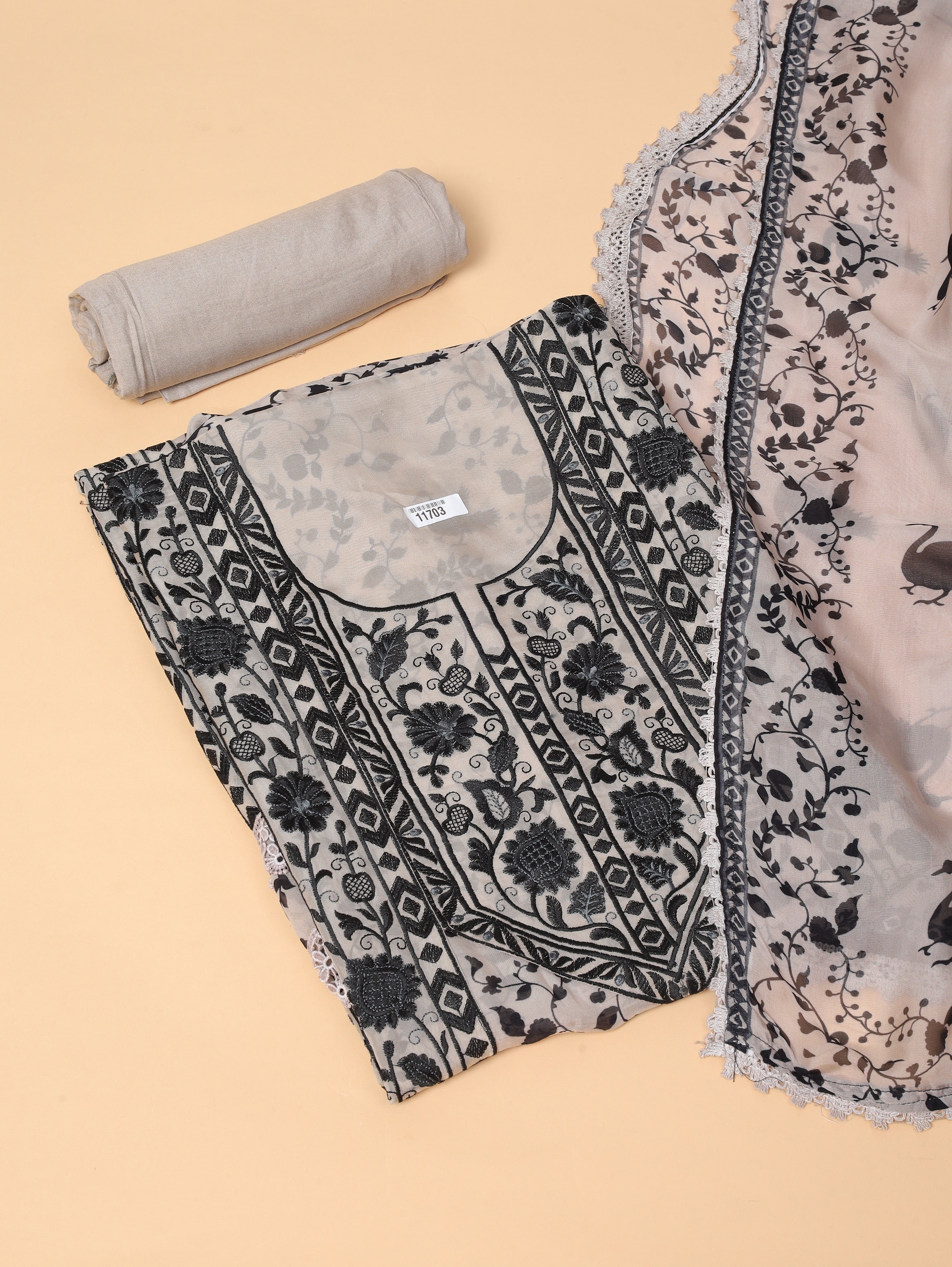 Beige Organza Printed Unstitched 3-Piece Suit (Devri – D.No 11703)