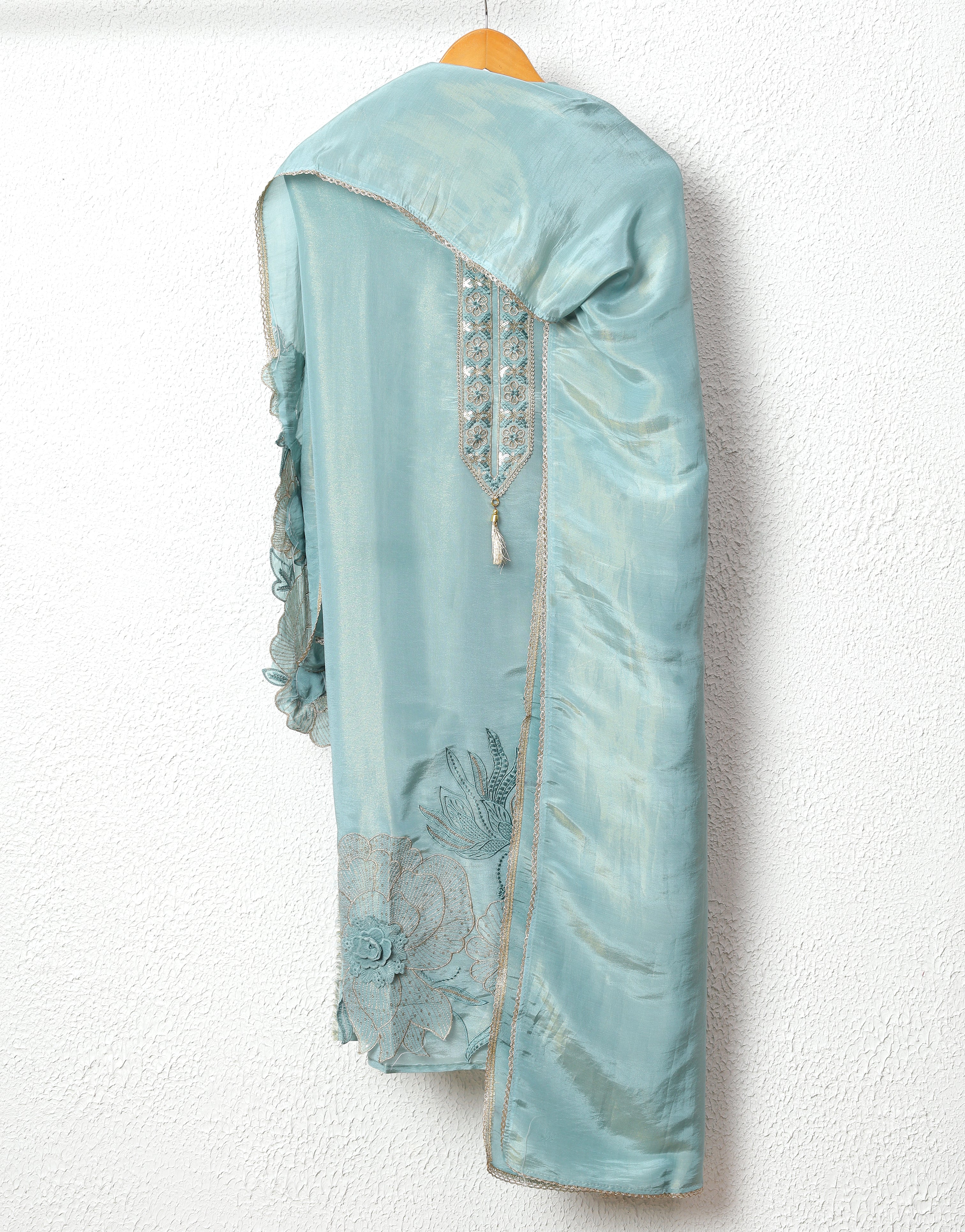 Seafoam Tissue Shimmer Silk Embroidered Unstitched 3-Piece Suit (Devri – D.No 11725)