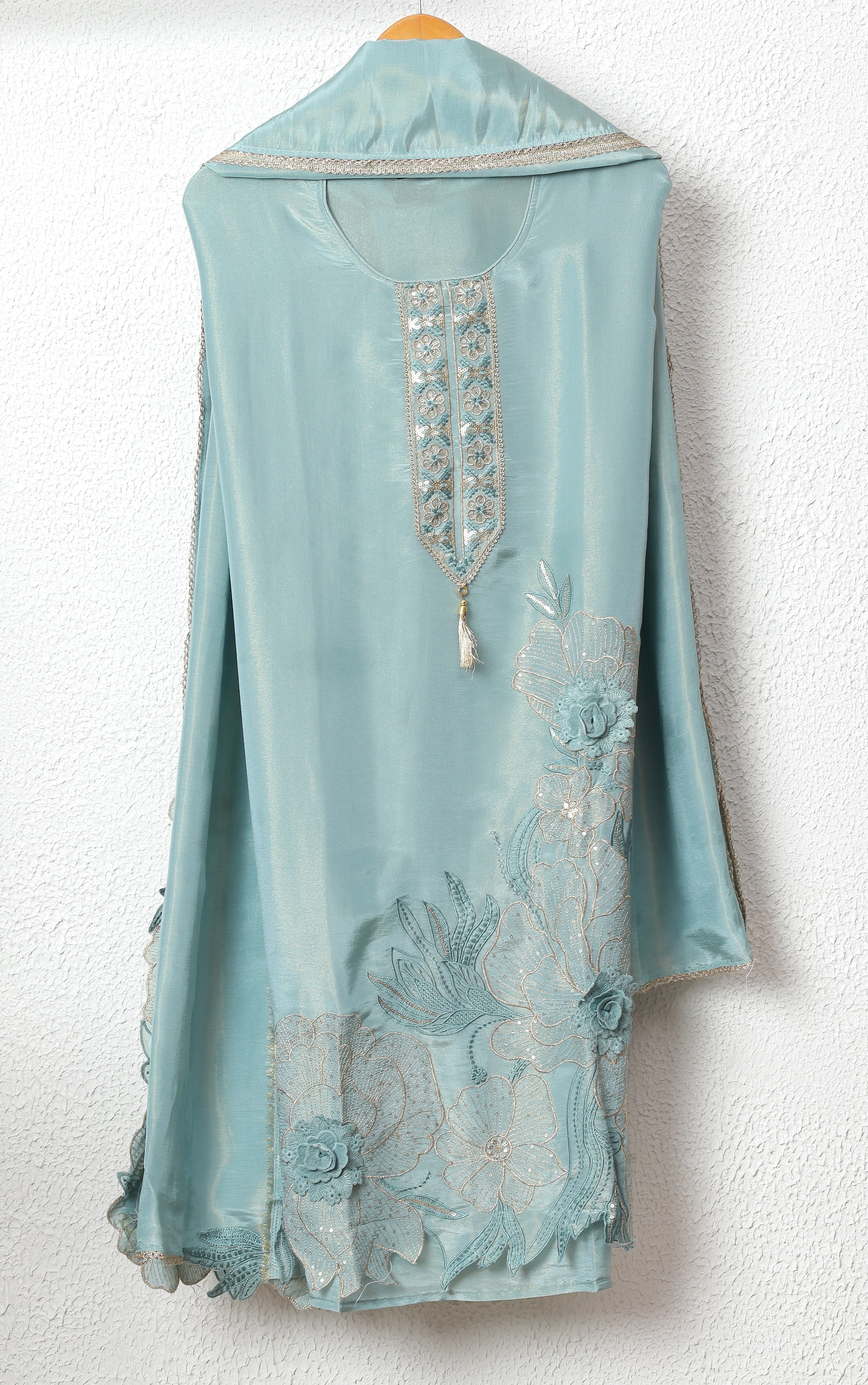 Seafoam Tissue Shimmer Silk Embroidered Unstitched 3-Piece Suit (Devri – D.No 11725)