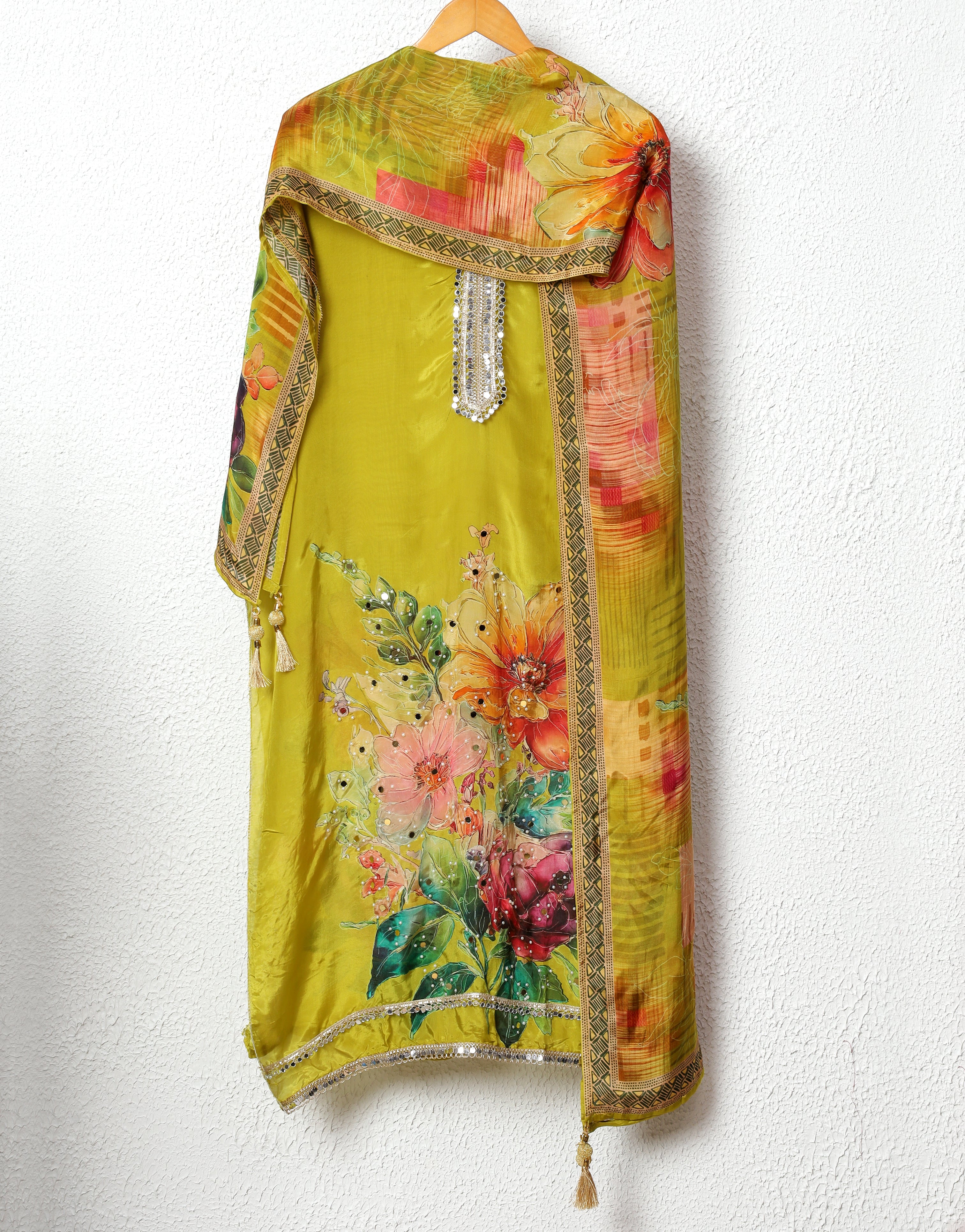 Mustard Glass Organza Silk Printed Unstitched 3-Piece Suit (Devri – D.No11726)