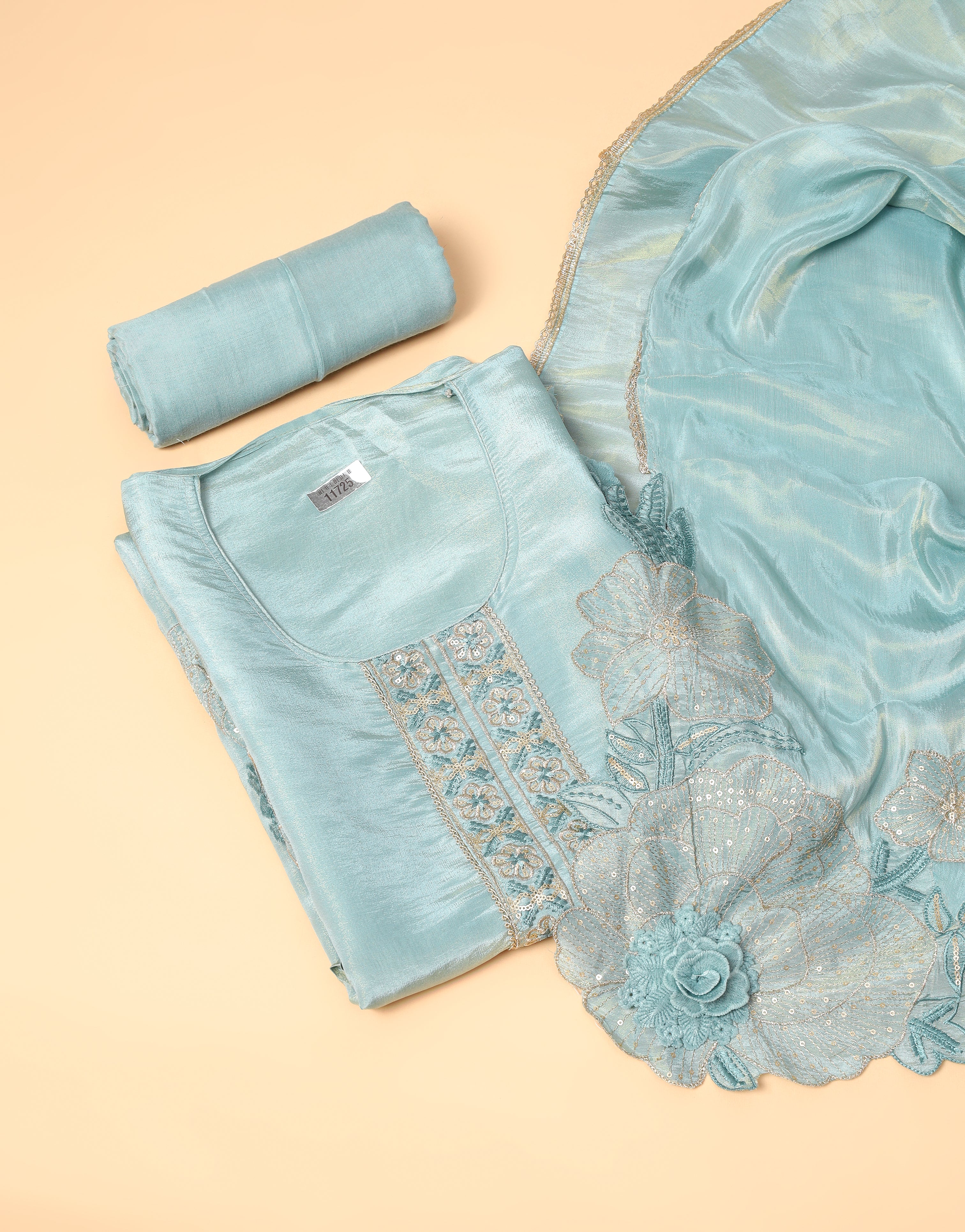 Seafoam Tissue Shimmer Silk Embroidered Unstitched 3-Piece Suit (Devri – D.No 11725)