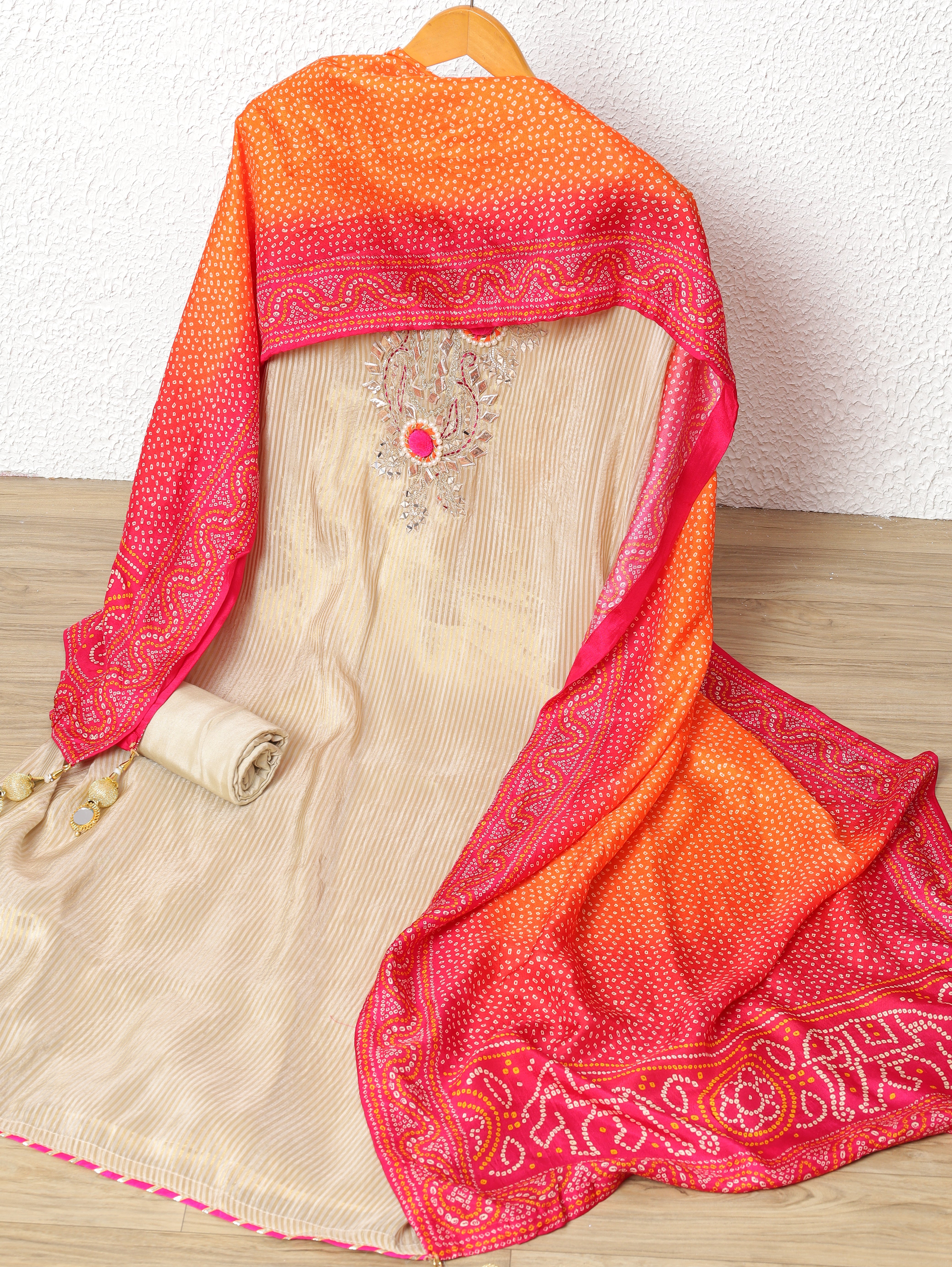 Beige Tissue Shimmer Silk Embroidered Unstitched 3-Piece Suit (Devri – D.No 11766)