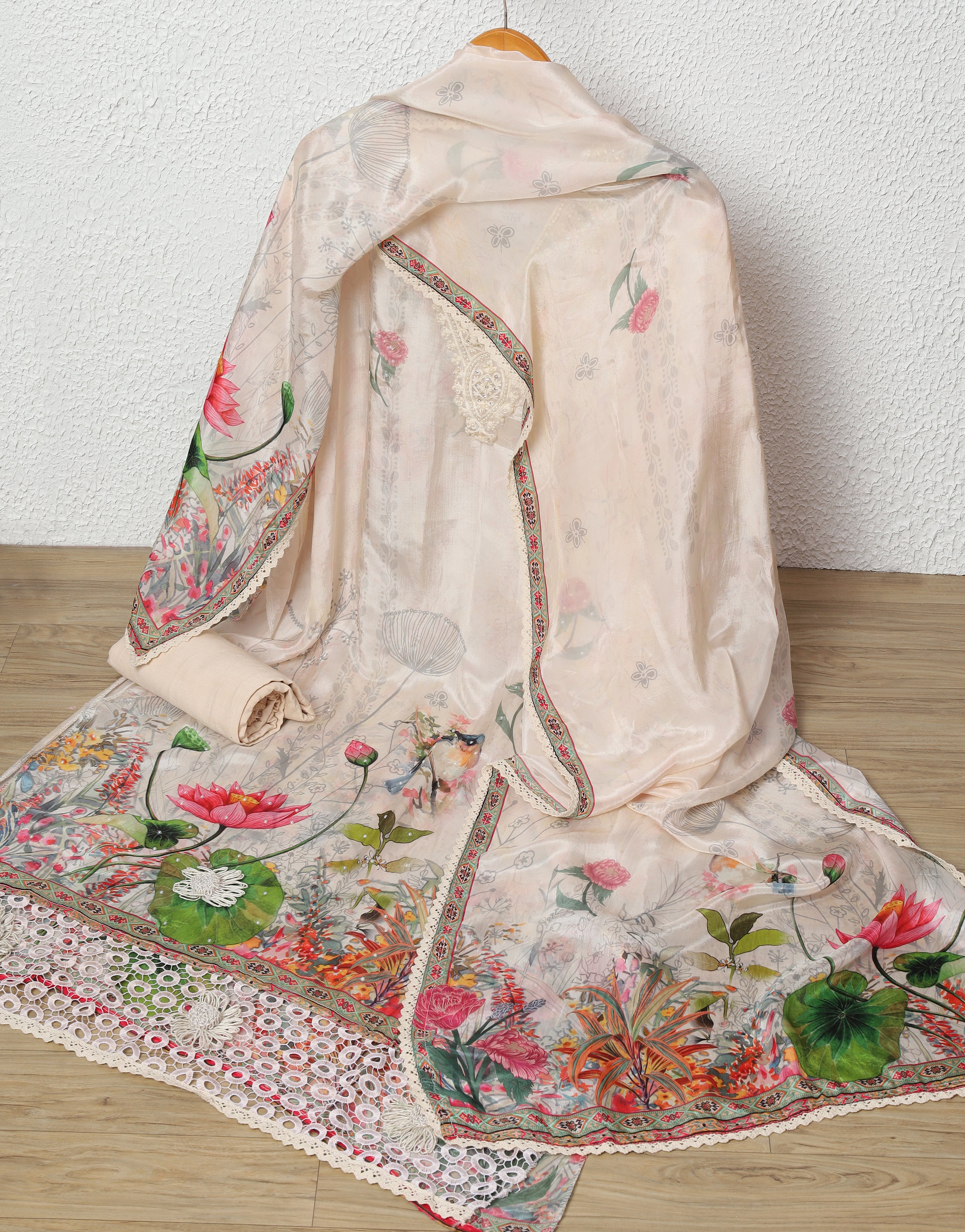 Ivory Organza Silk Printed Unstitched 3-Piece Suit (Devri – D.No 11799)