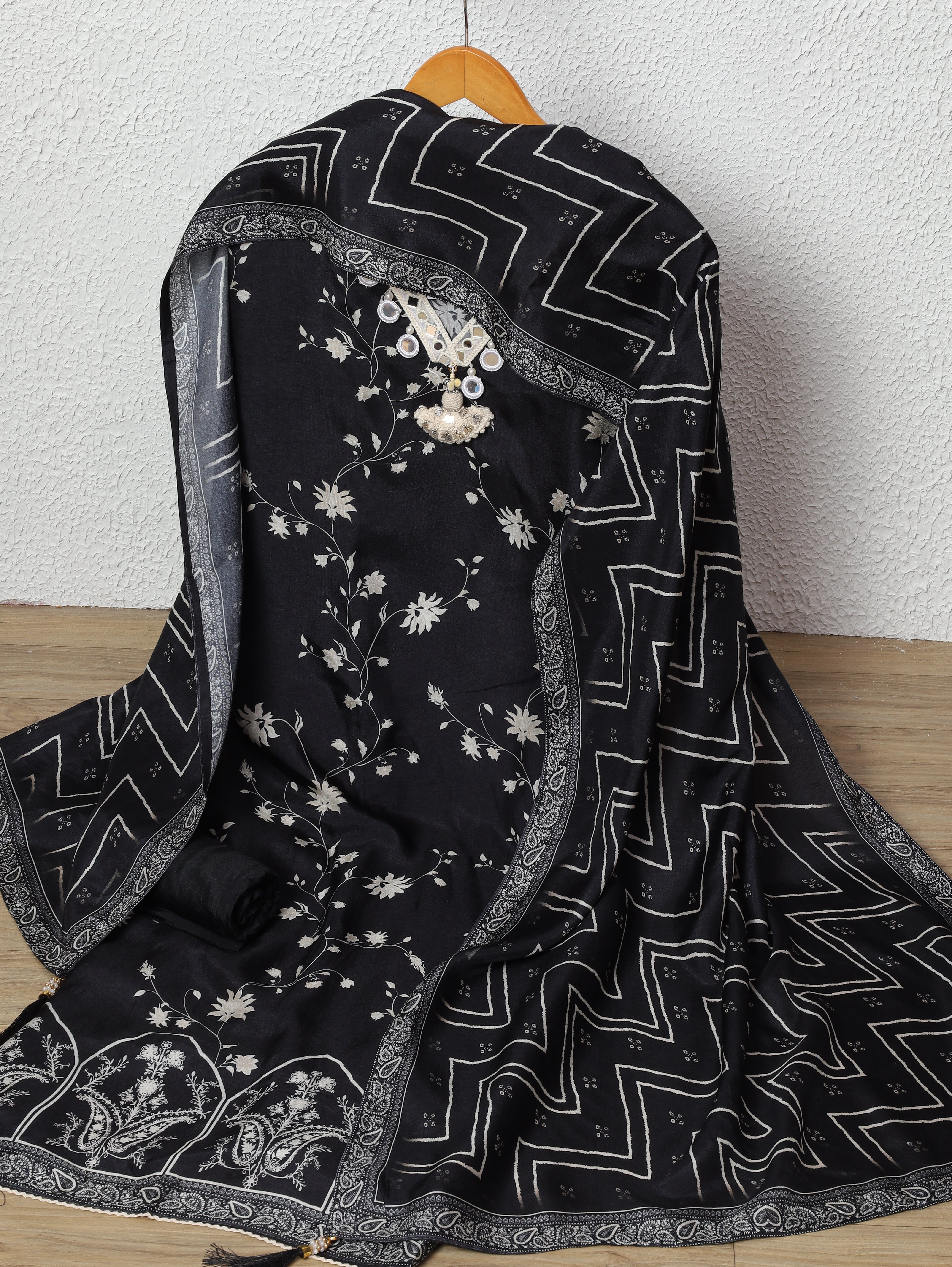 Black Russian Silk Printed Unstitched 3-Piece Suit (Devri – D.No 11765)