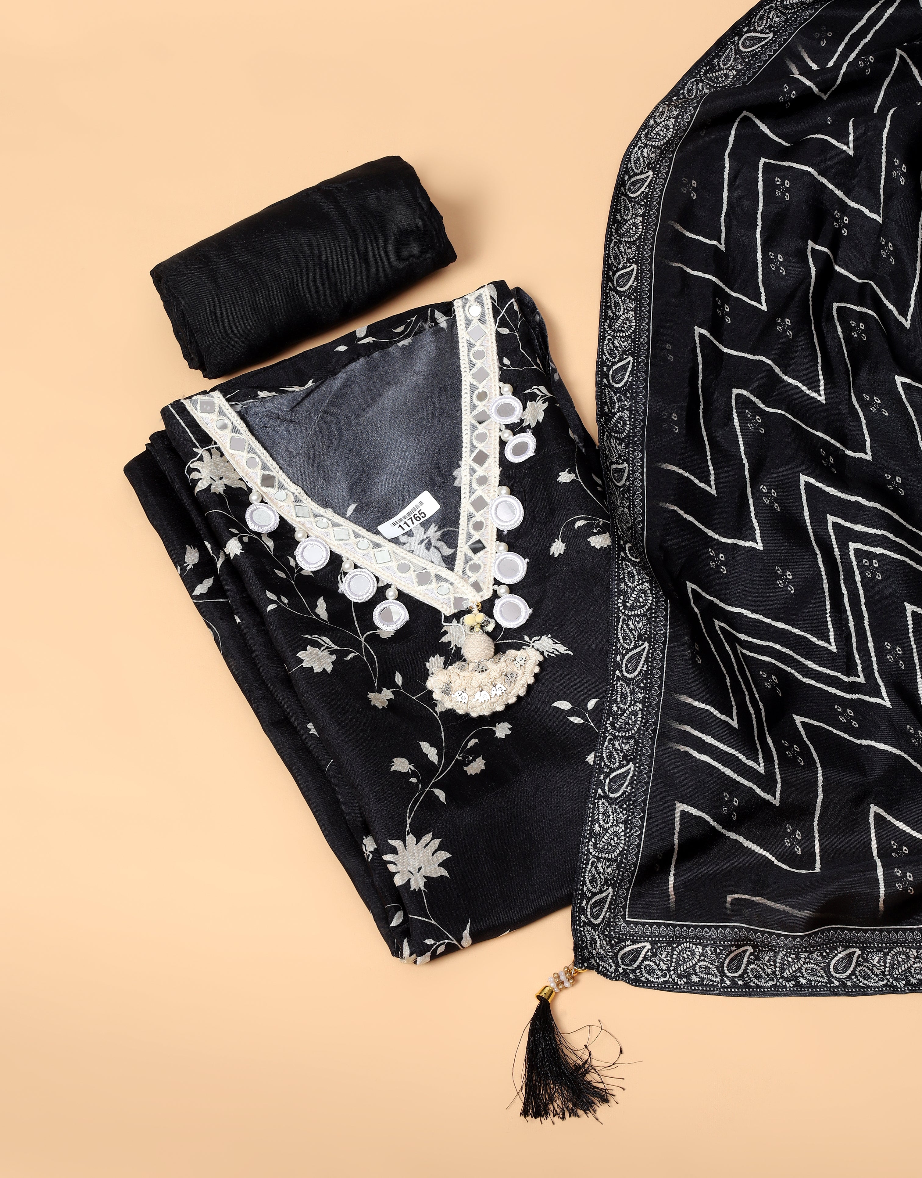 Black Russian Silk Printed Unstitched 3-Piece Suit (Devri – D.No 11765)