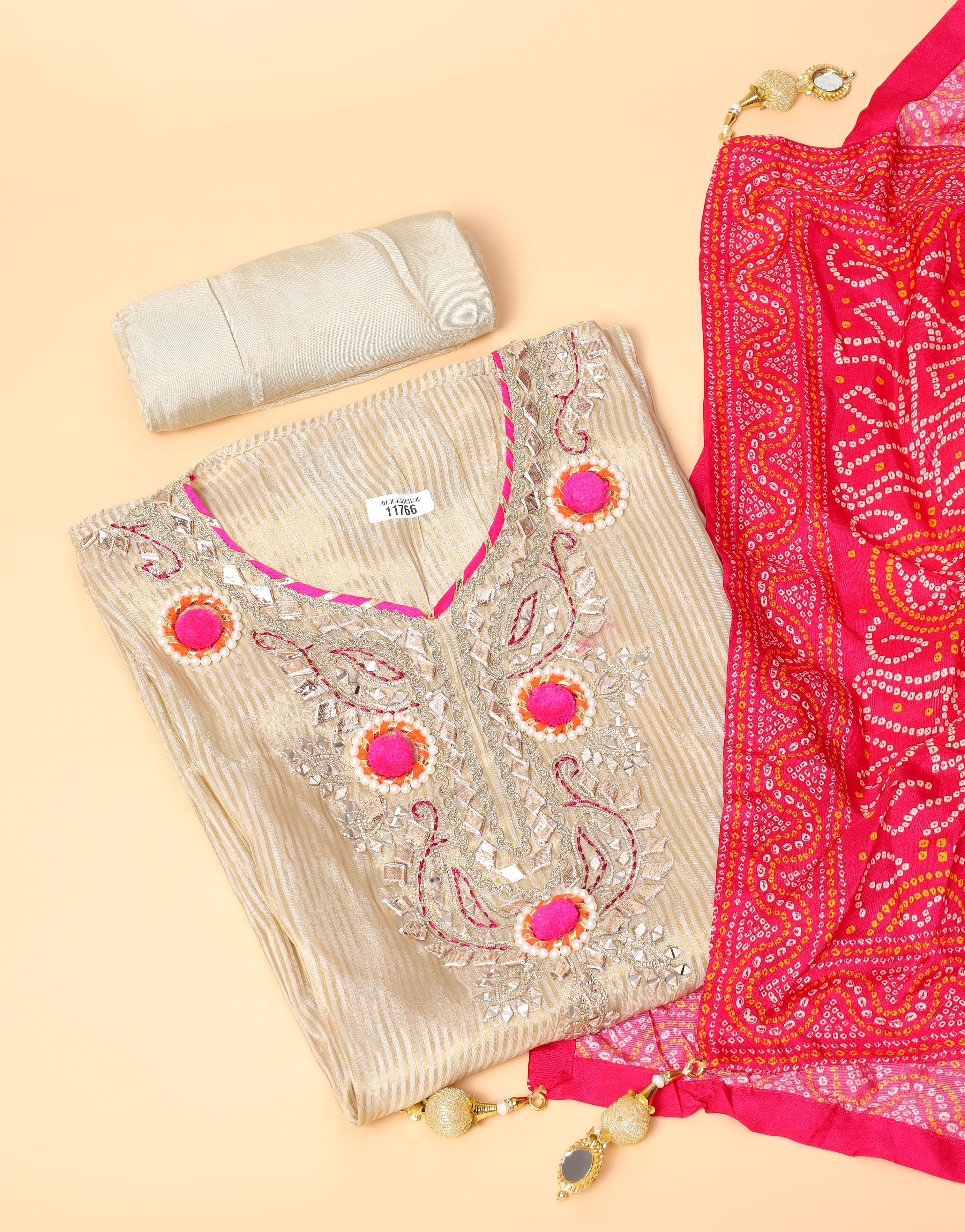 Beige Tissue Shimmer Silk Embroidered Unstitched 3-Piece Suit (Devri – D.No 11766)