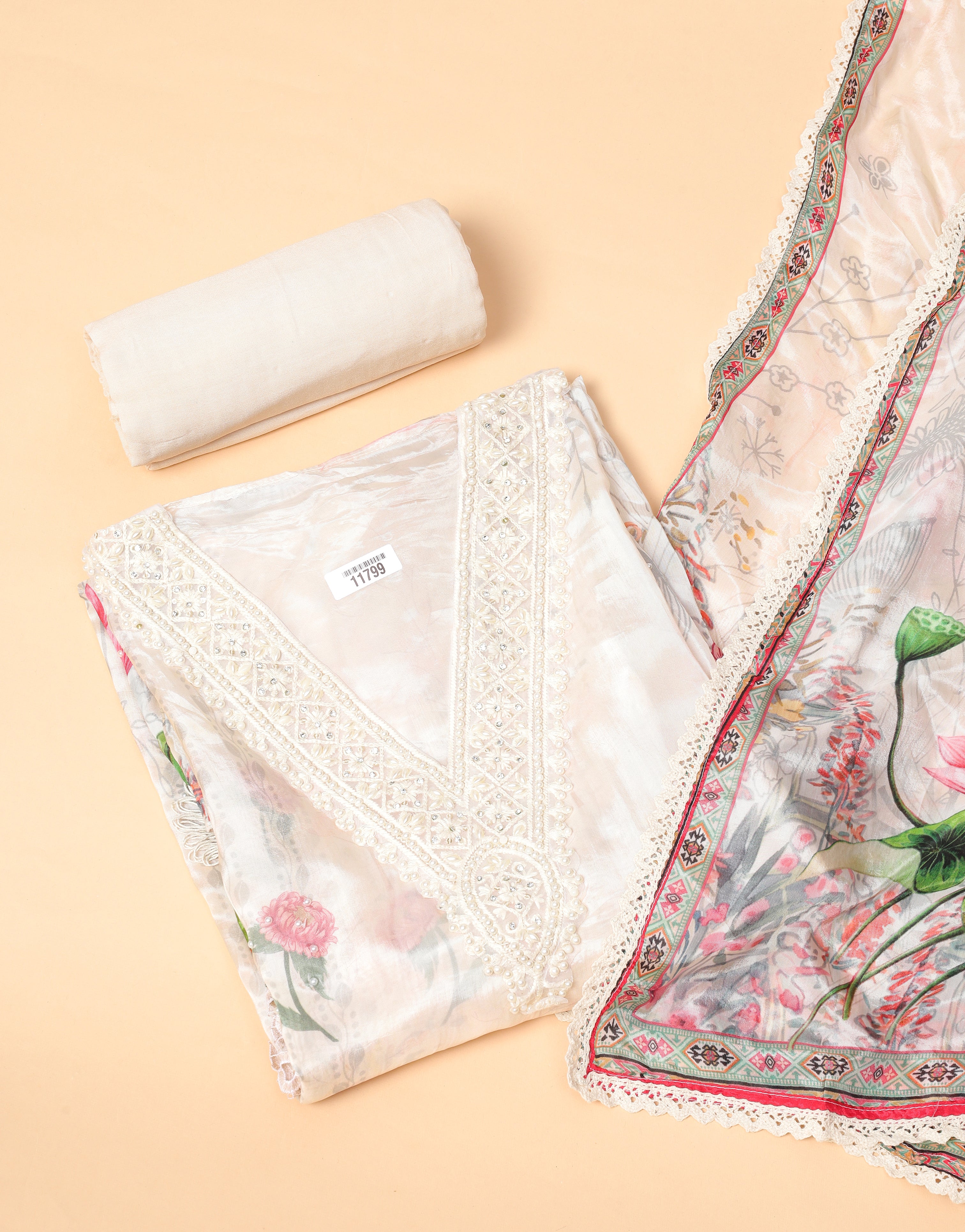 Ivory Organza Silk Printed Unstitched 3-Piece Suit (Devri – D.No 11799)