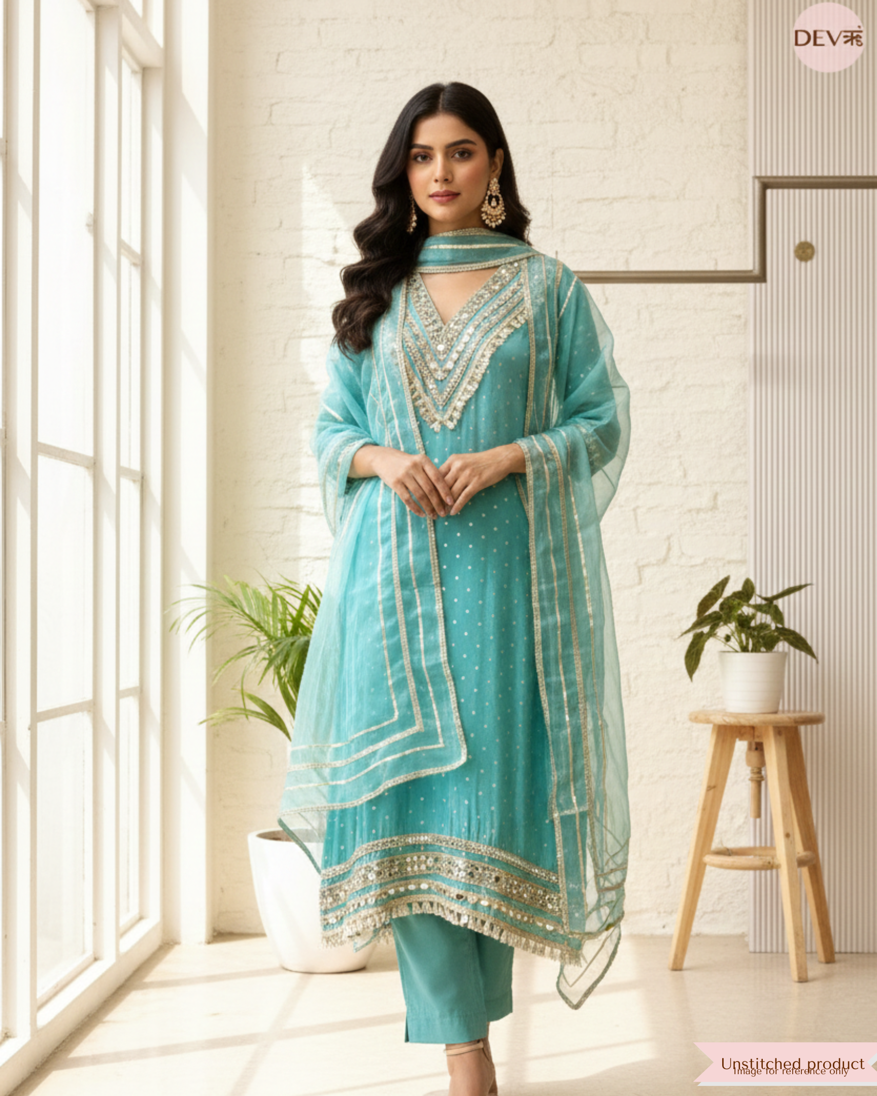 Sea Green Tissue Shimmer Embellished Unstitched 3-Piece Suit (Devri – D.No 12366)
