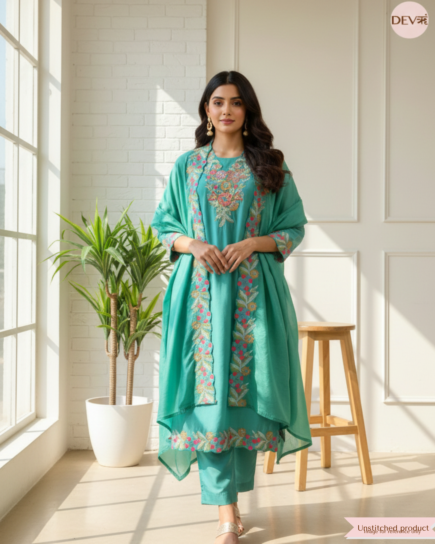Teal Green Roman Silk Embroidered Unstitched 3-Piece Suit (Devri – D.No 12348)