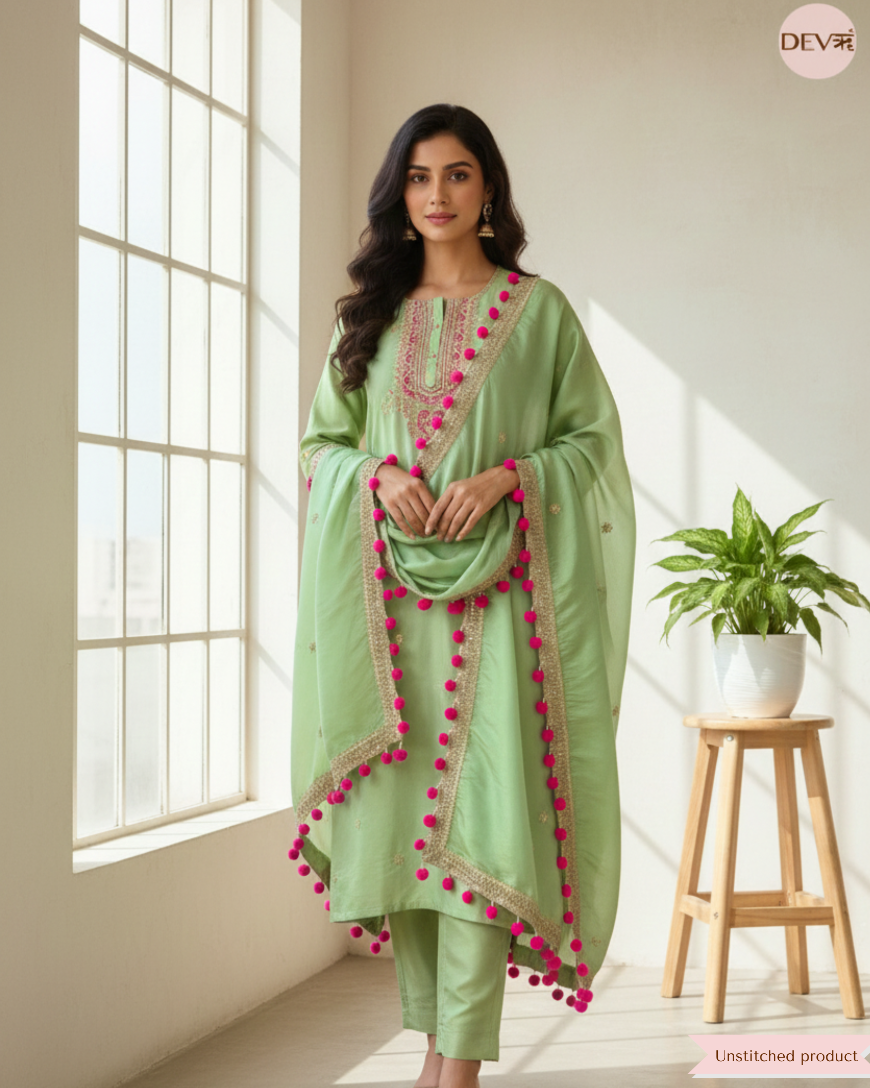 Mint Green Shimmer Silk Hand Embroidered Unstitched 3-Piece Suit (Devri – D.No 12369)