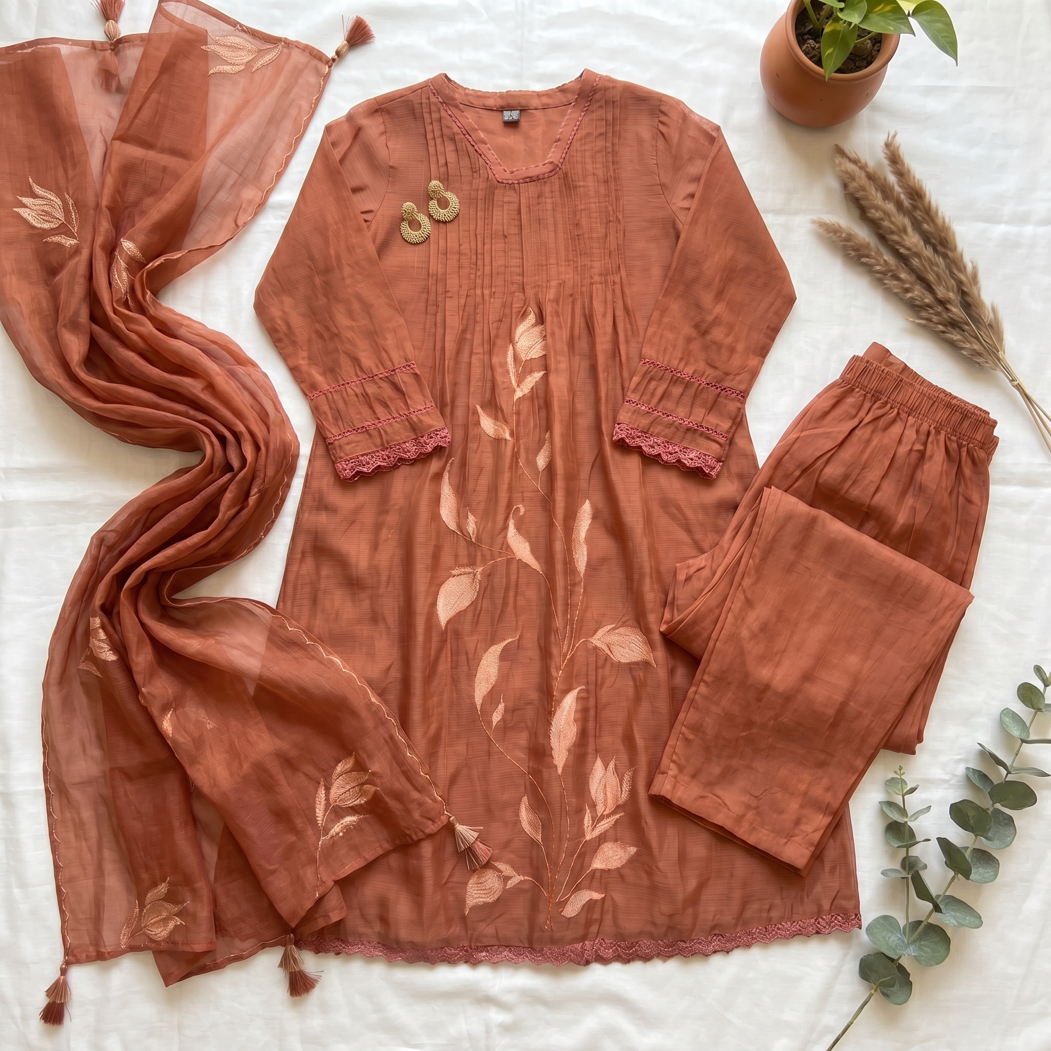 Gulnaar Mul cotton Embroidered Rust 3-Piece Set (Devri – D.No 21065)
